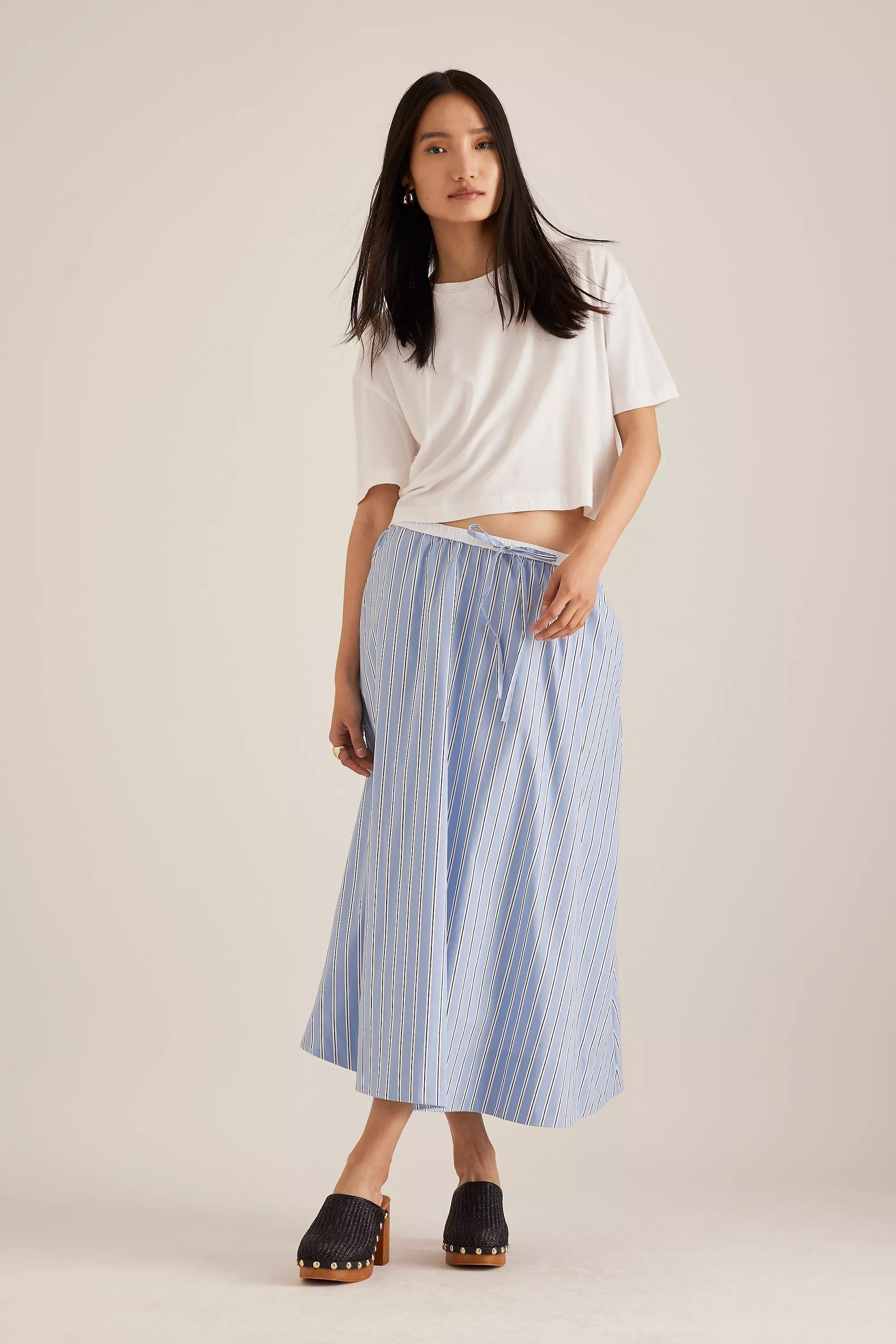 Striped Poplin Midi Skirt, Blue, , medium