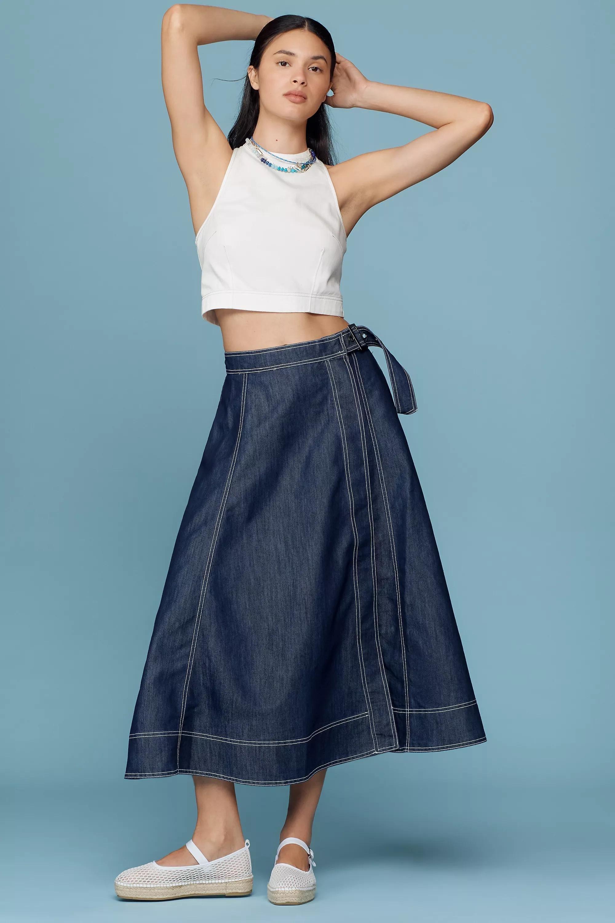 DENIM DARK Pilcro Side-Slit Denim A-Line Midi Skirt, , medium