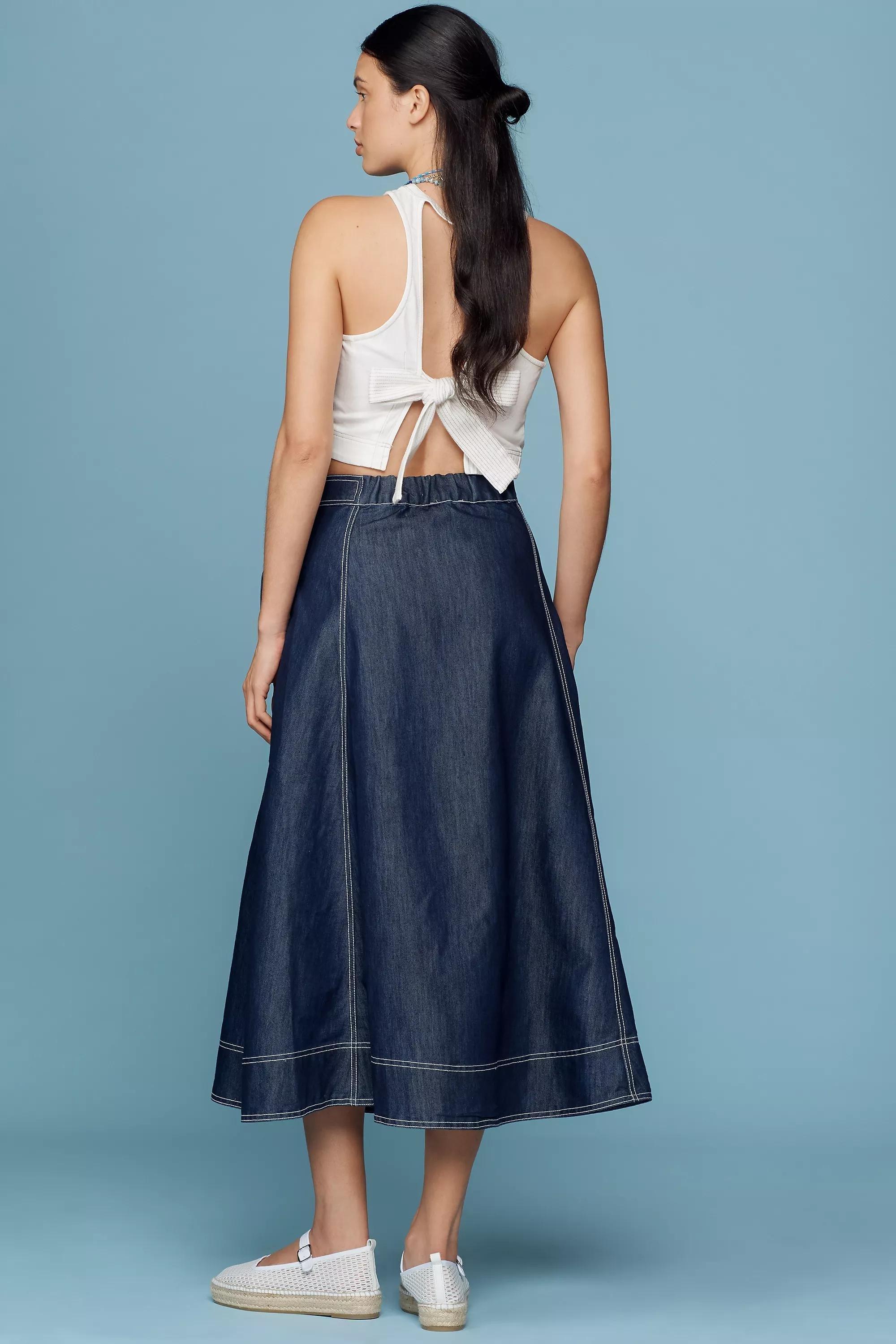 DENIM DARK Pilcro Side-Slit Denim A-Line Midi Skirt, A501_0091, large image number 1
