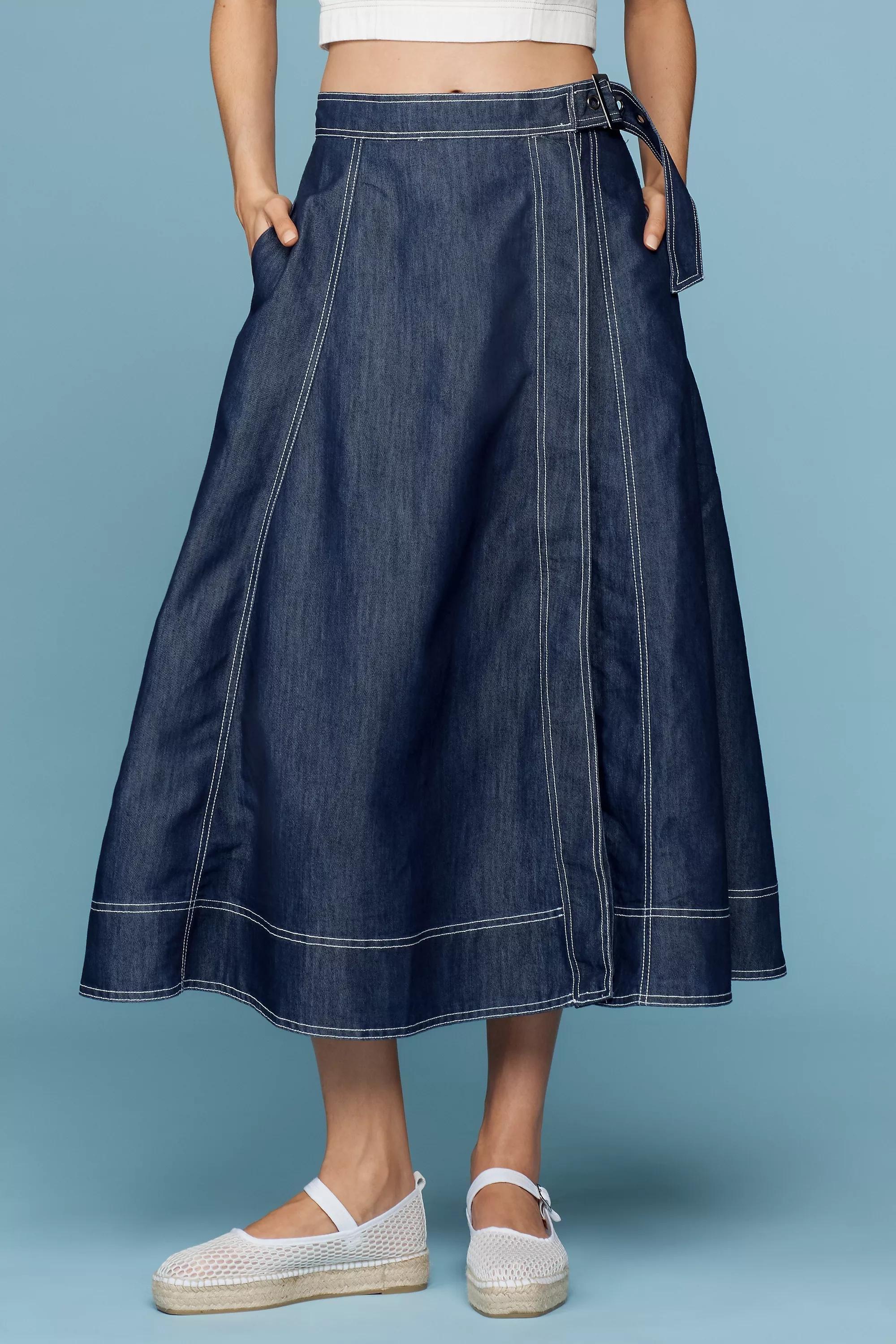 DENIM DARK Pilcro Side-Slit Denim A-Line Midi Skirt, A501_0091, large image number 2
