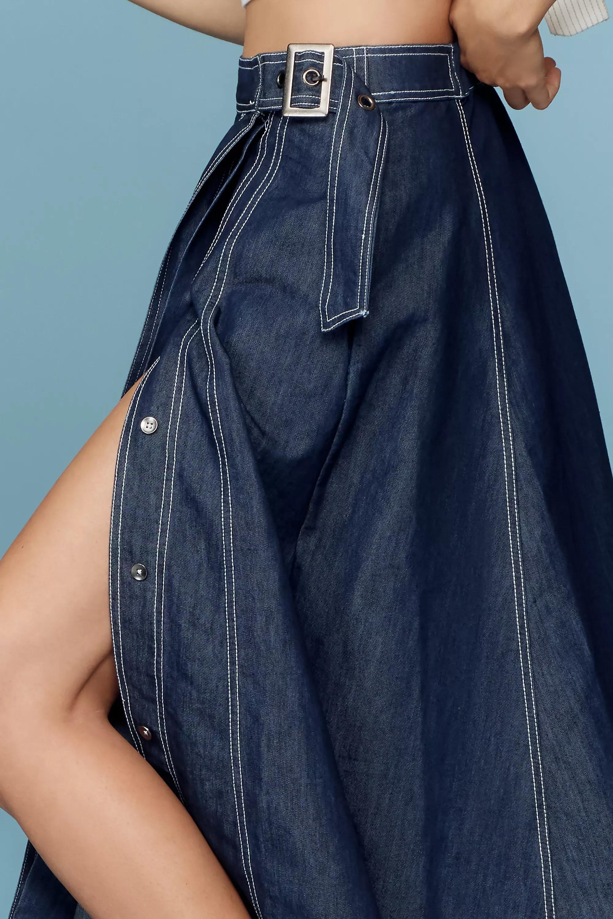 DENIM DARK Pilcro Side-Slit Denim A-Line Midi Skirt, A501_0091, large image number 3
