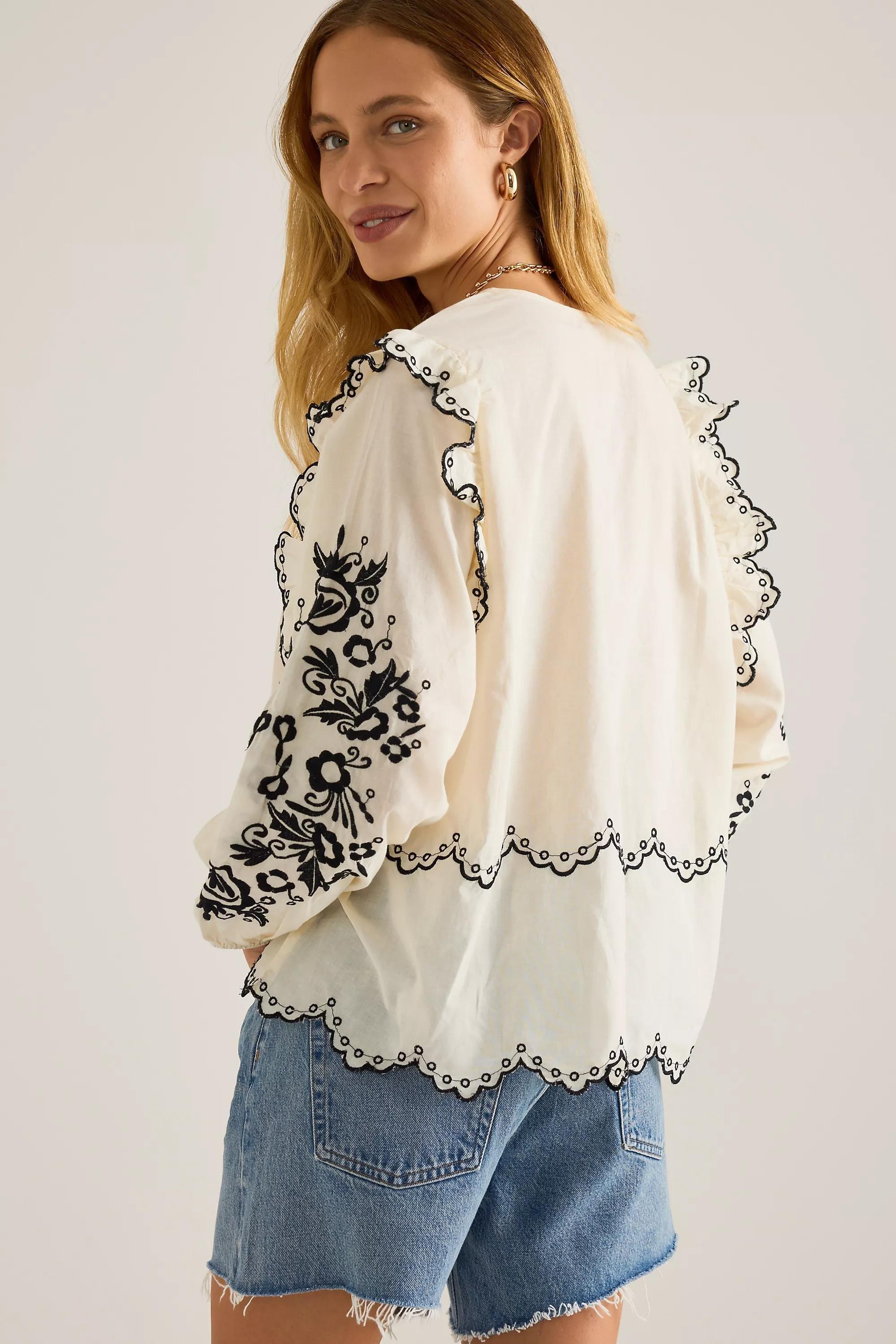 Elizabeth Gillett Long-Sleeve Tie-Front Embroidered Blouse, A501_0012, medium