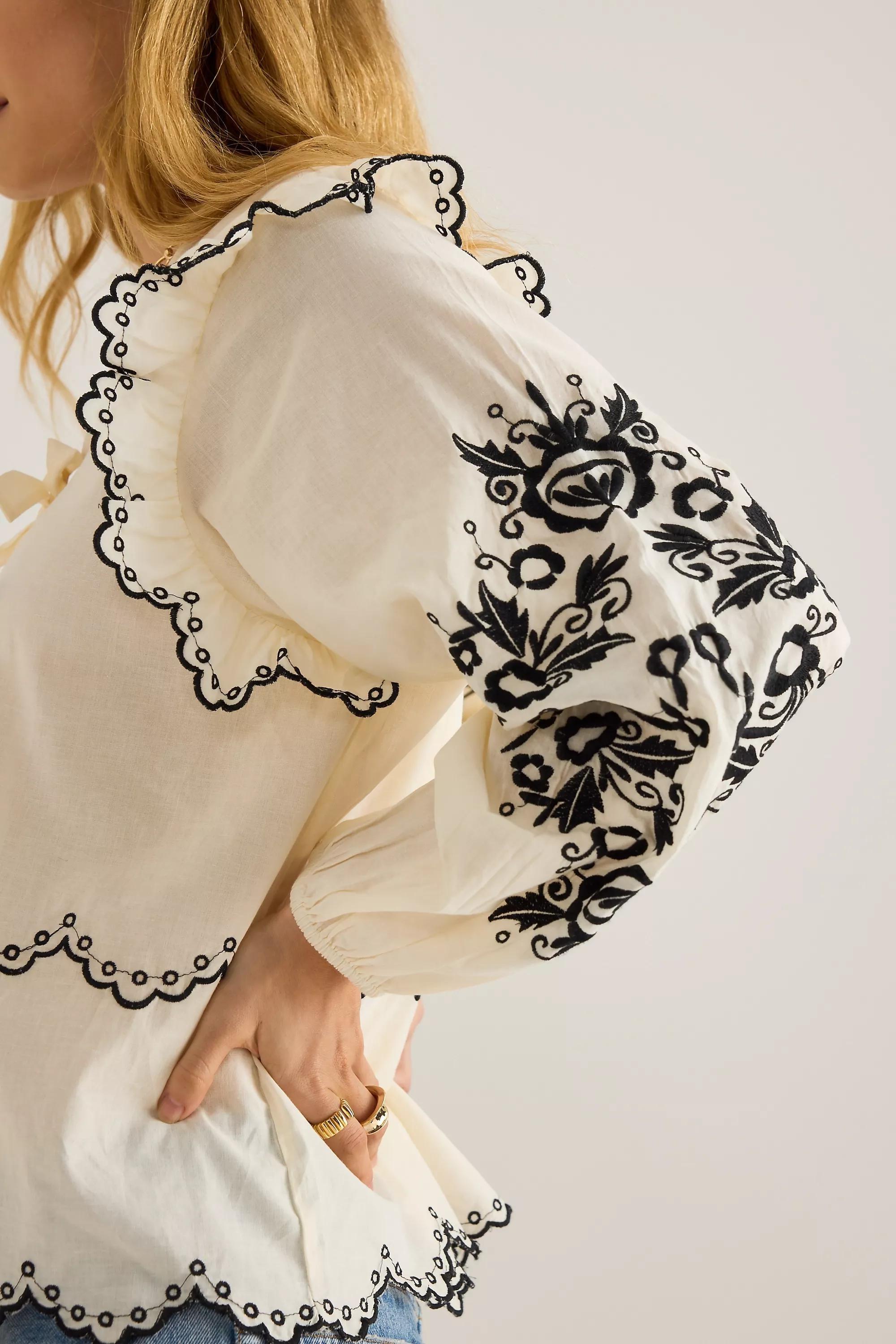 CREAM Elizabeth Gillett Long-Sleeve Tie-Front Embroidered Blouse, , large image number 3