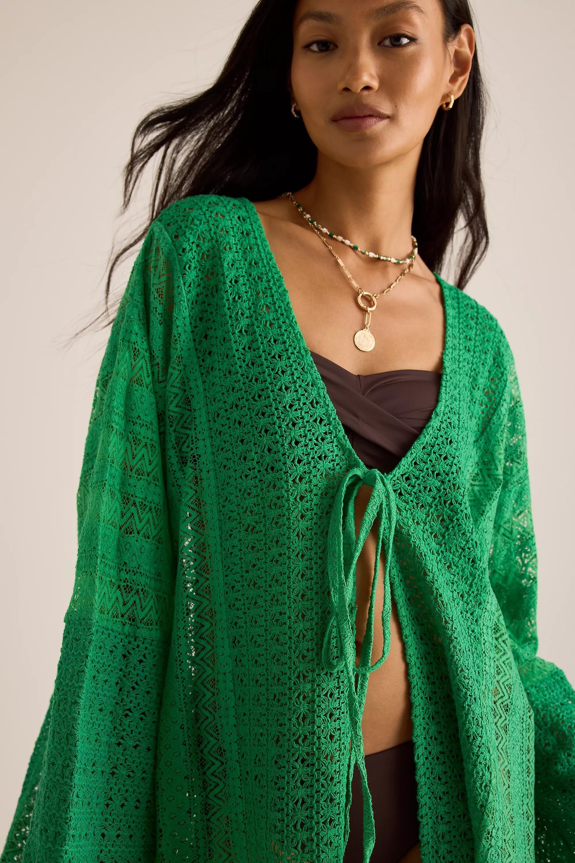 DARK GREEN By Anthropologie Crochet Kimono, A501_0037, large image number 3