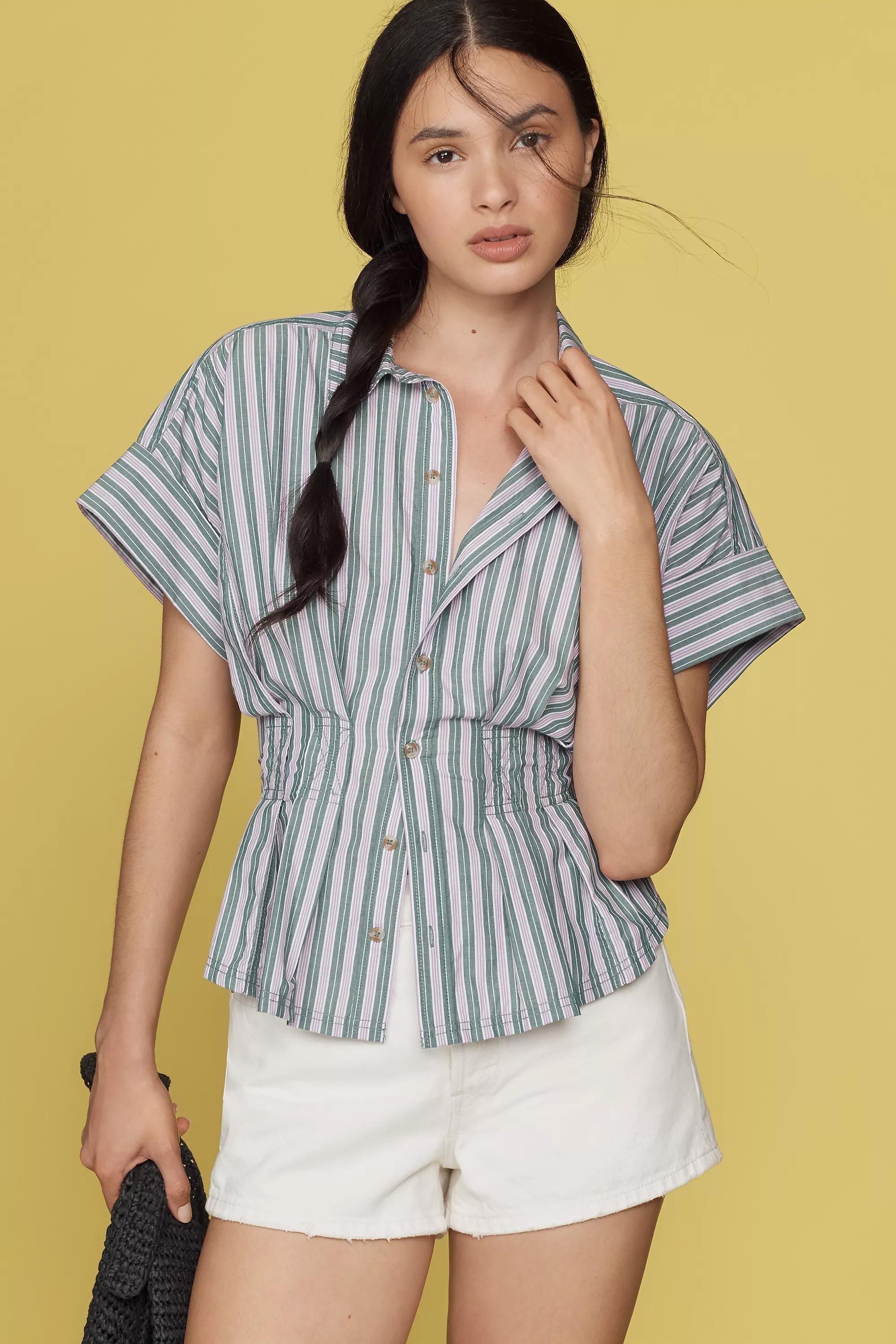 Green Pilcro Short-Sleeve Collared Fitted-Waist Blouse, , medium