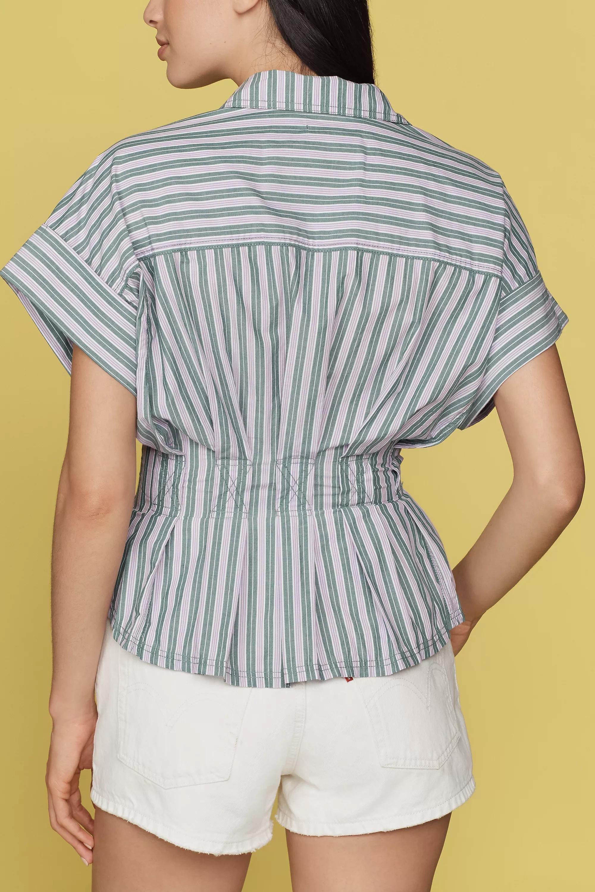 Green Pilcro Short-Sleeve Collared Fitted-Waist Blouse, , large image number 1