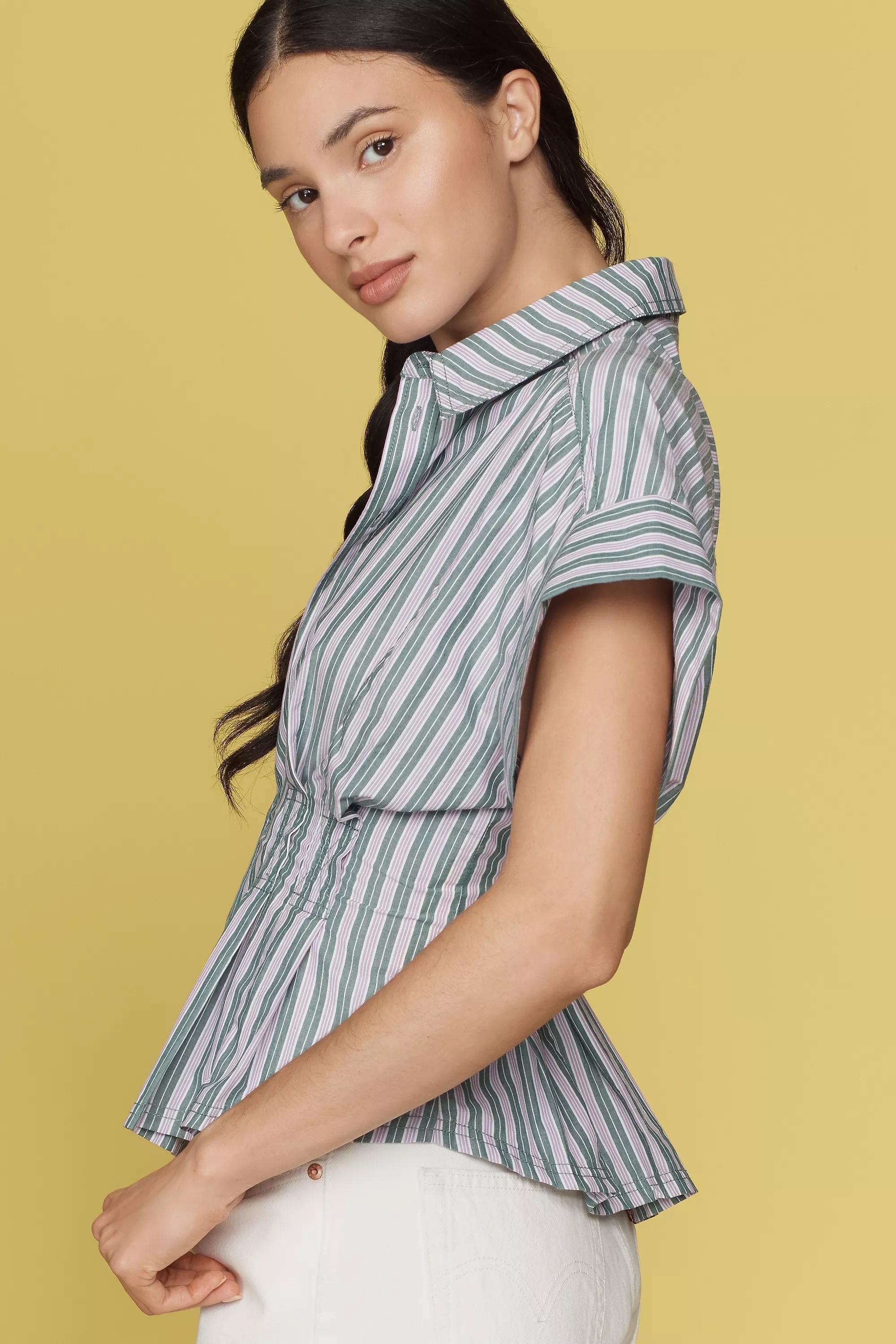 Green Pilcro Short-Sleeve Collared Fitted-Waist Blouse, , large image number 3