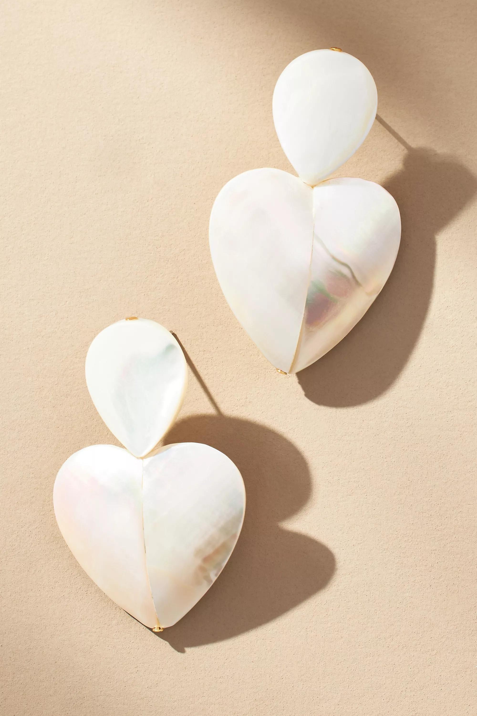 Double Heart Mother-Of-Pearl Drop Earrings, Cream, A501_0017, large image number 0