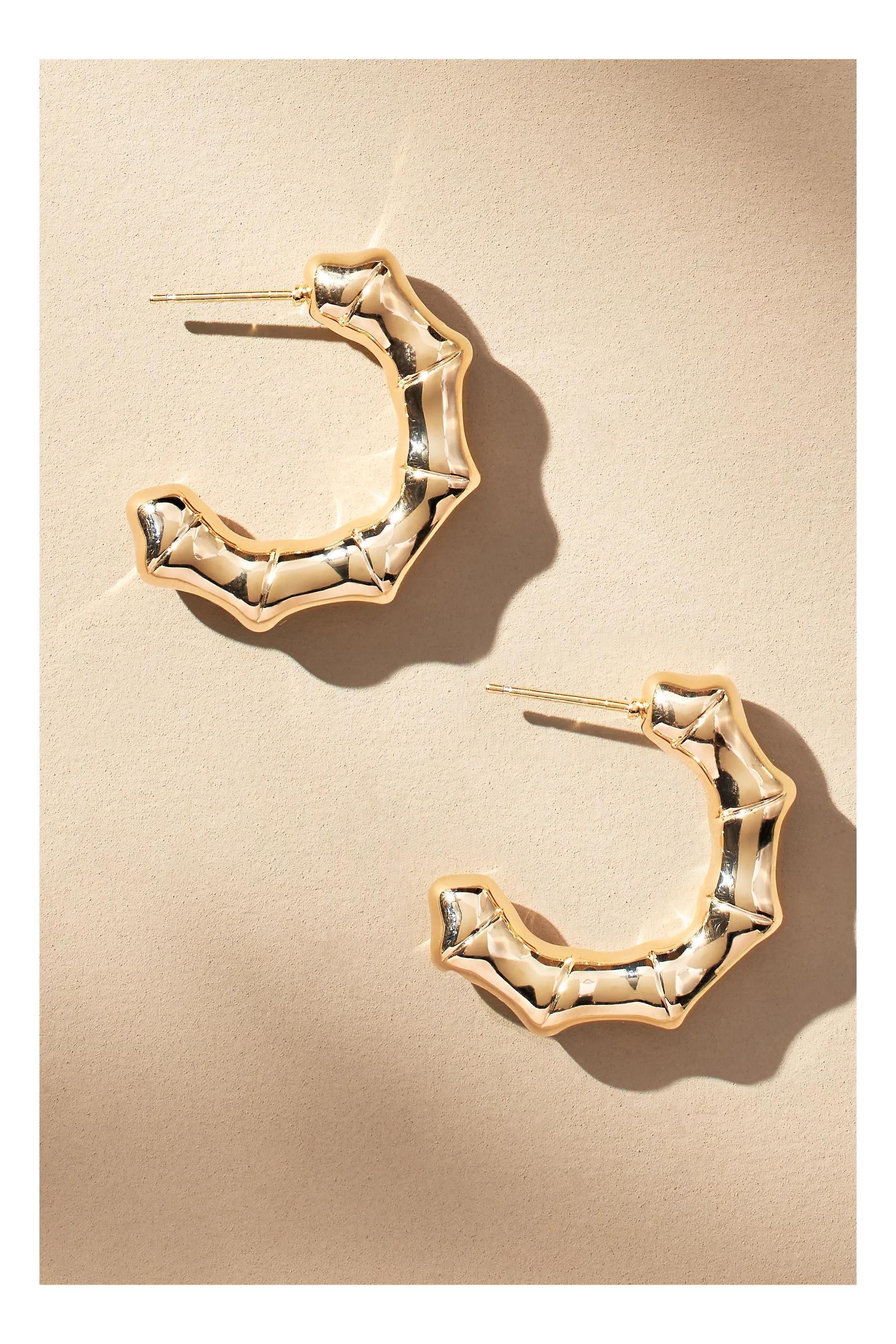 Gold Small Metallic Bamboo Hoop Earrings, A501_0070, large image number 0