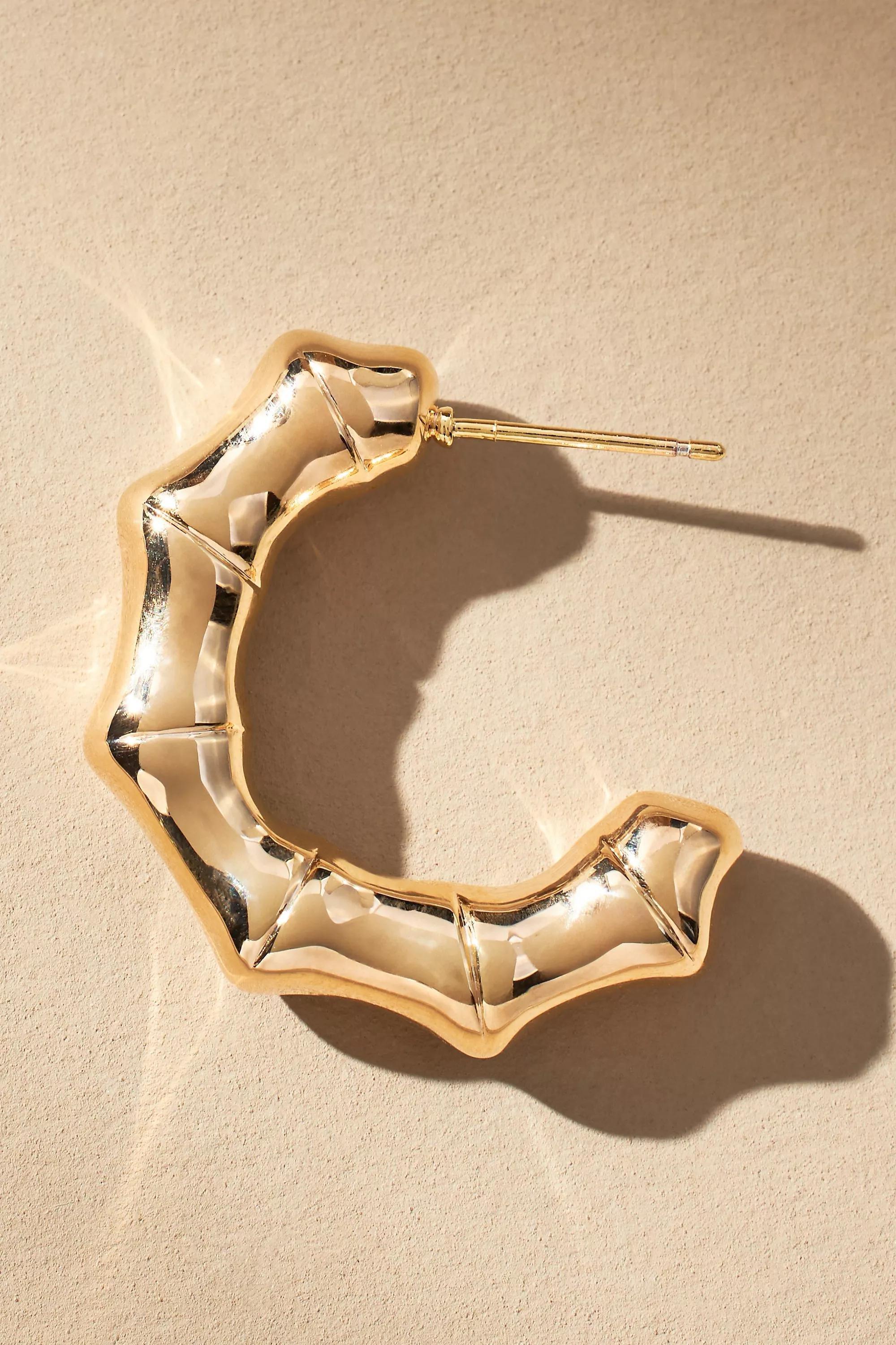 Gold Small Metallic Bamboo Hoop Earrings, A501_0070, large image number 2