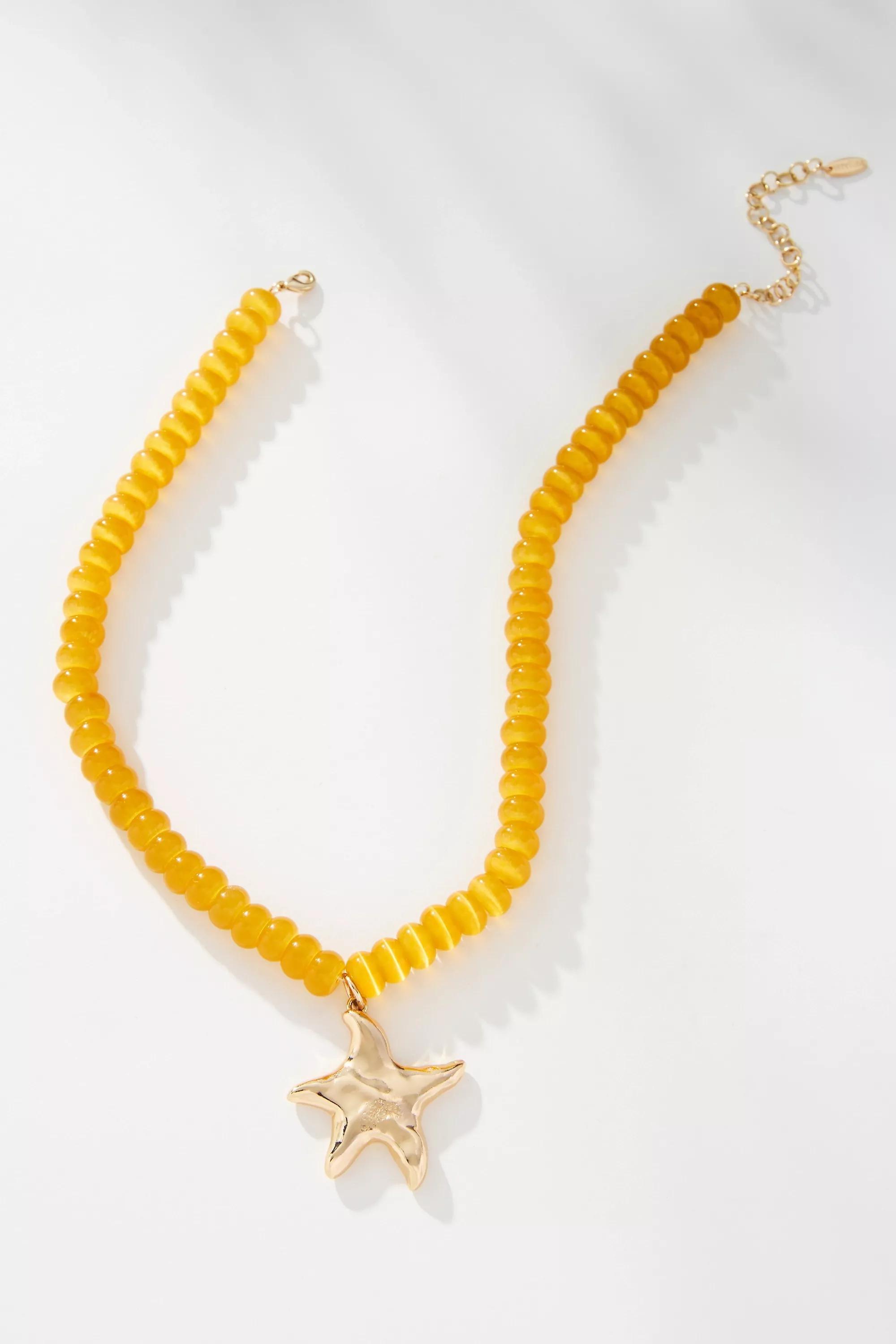 Yellow Beaded Pendant Necklace, , medium