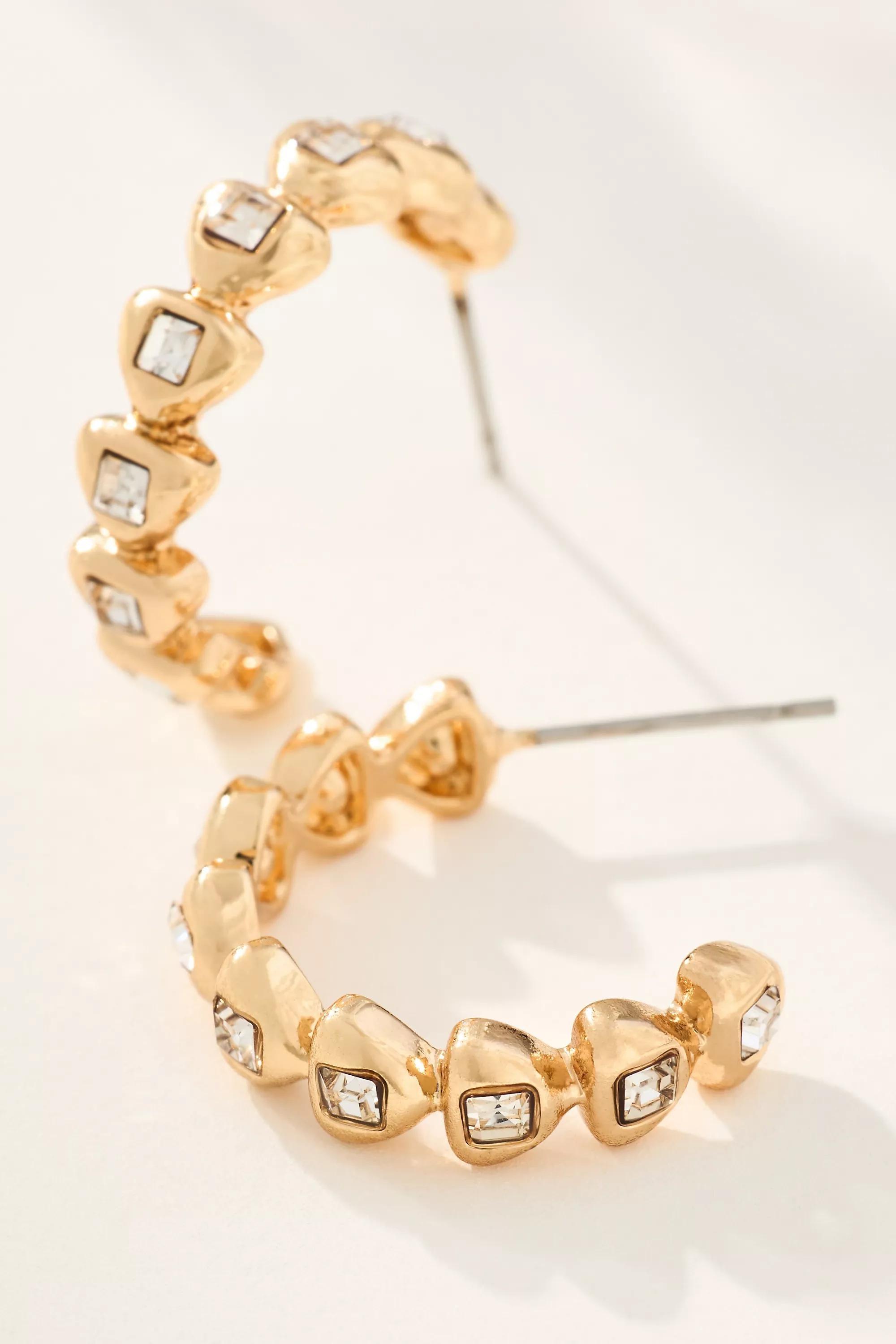 Gold Textured Crystal Hoop Earrings, , medium