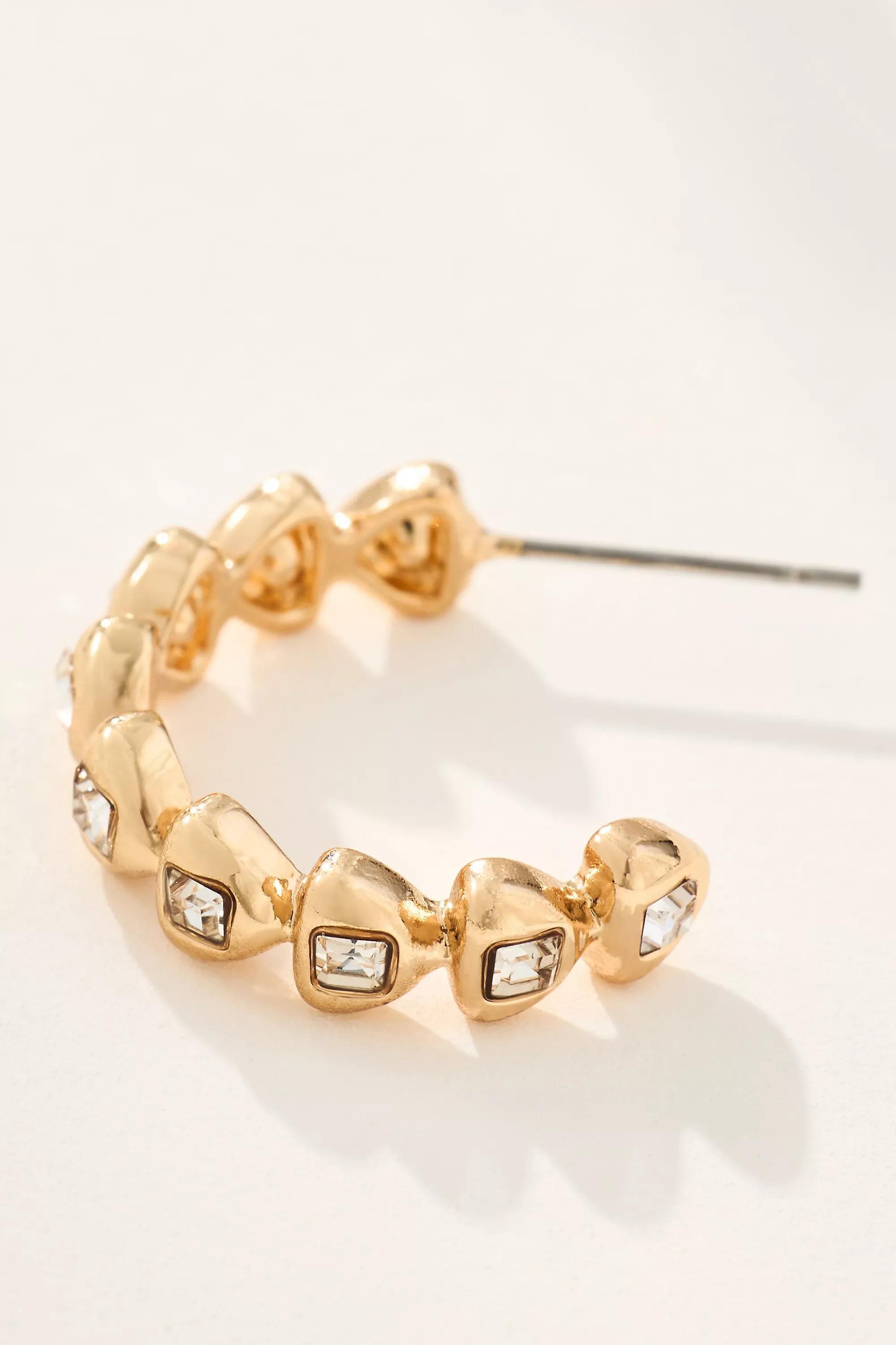 Gold Textured Crystal Hoop Earrings, A501_0070, large image number 3