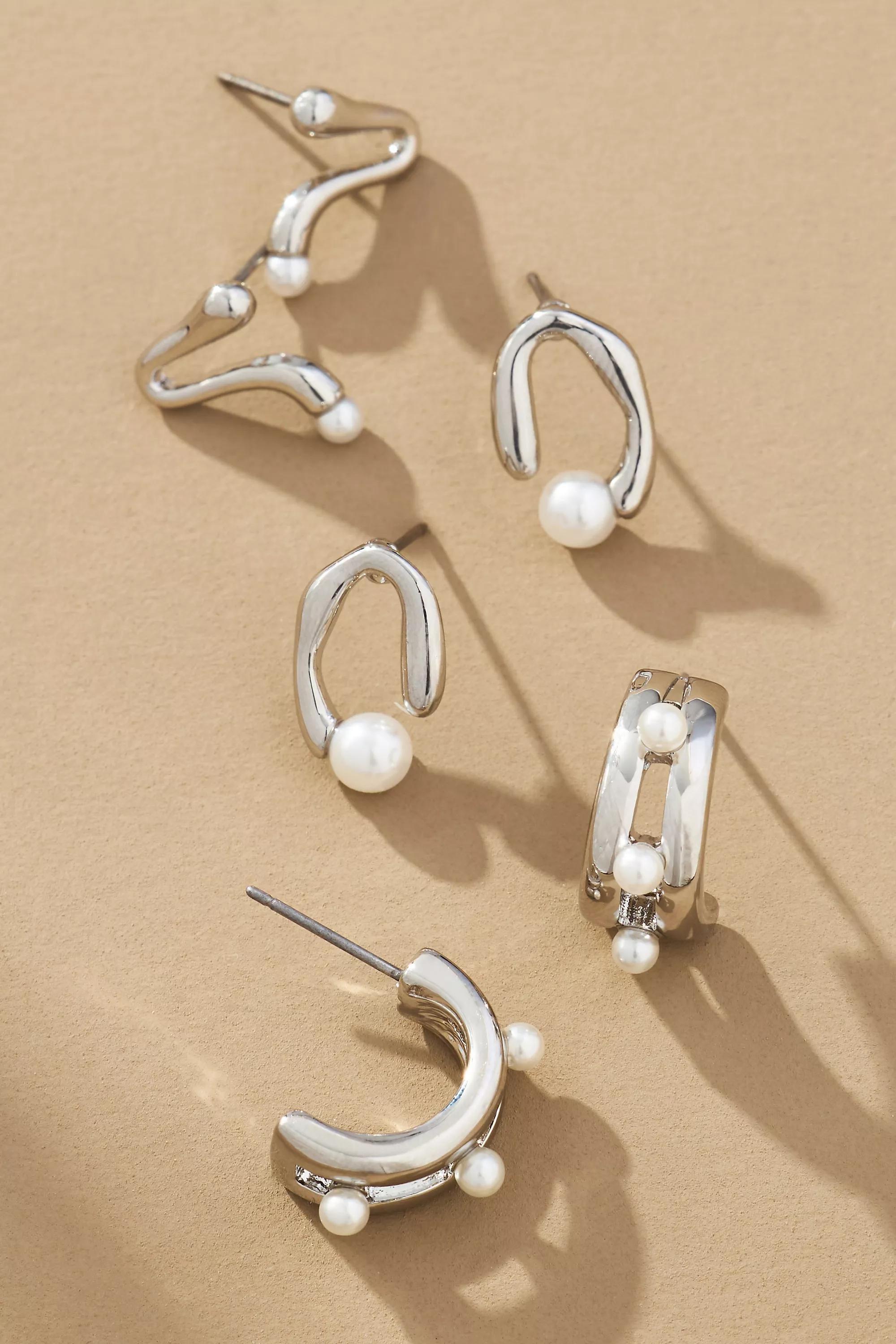 Silver Pearl Huggie Hoop Earrings, Set Of 3, A501_0007, large image number 1