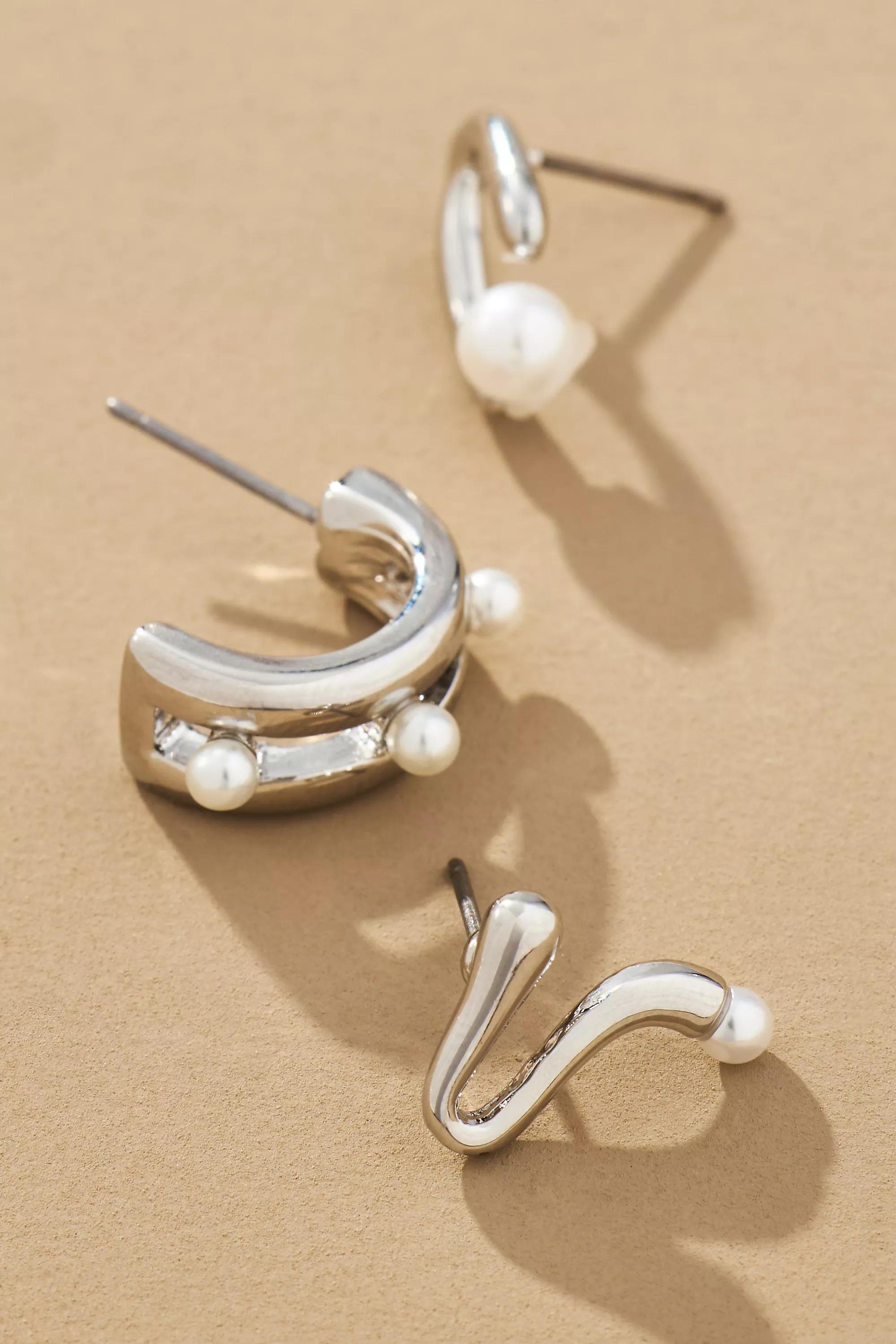 Silver Pearl Huggie Hoop Earrings, Set Of 3, A501_0007, large image number 3