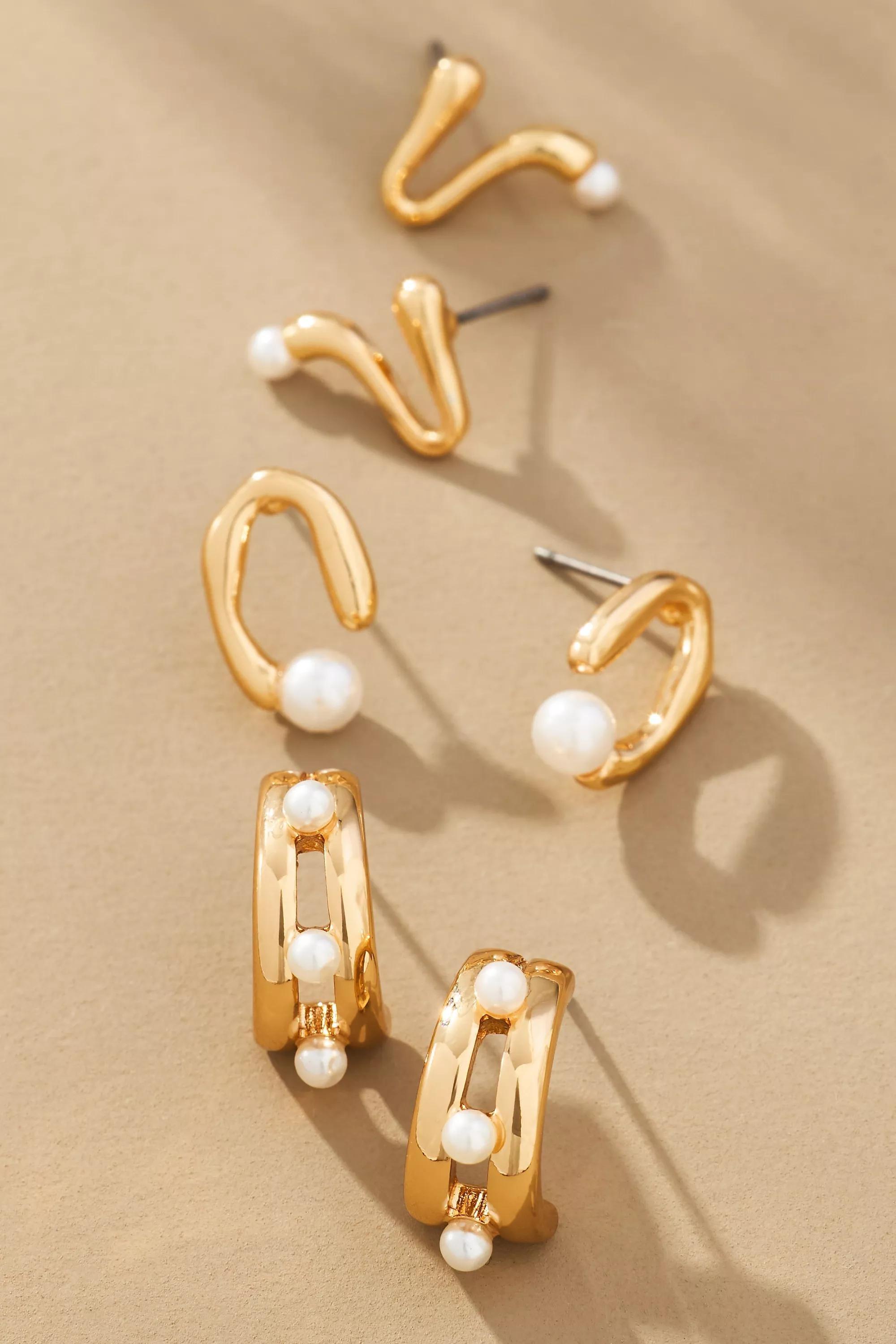 Anthropologie Set Of 3 Earrings, Gold Pearl, A501_0070, large image number 1
