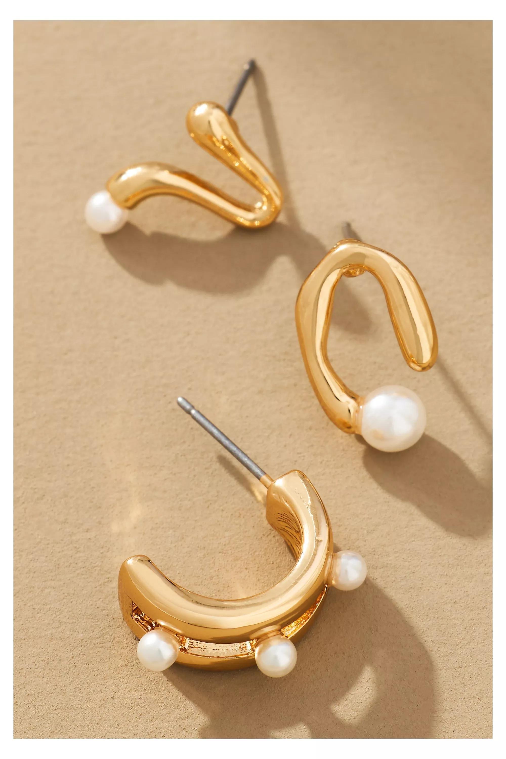 Anthropologie Set Of 3 Earrings, Gold Pearl, A501_0070, large image number 2