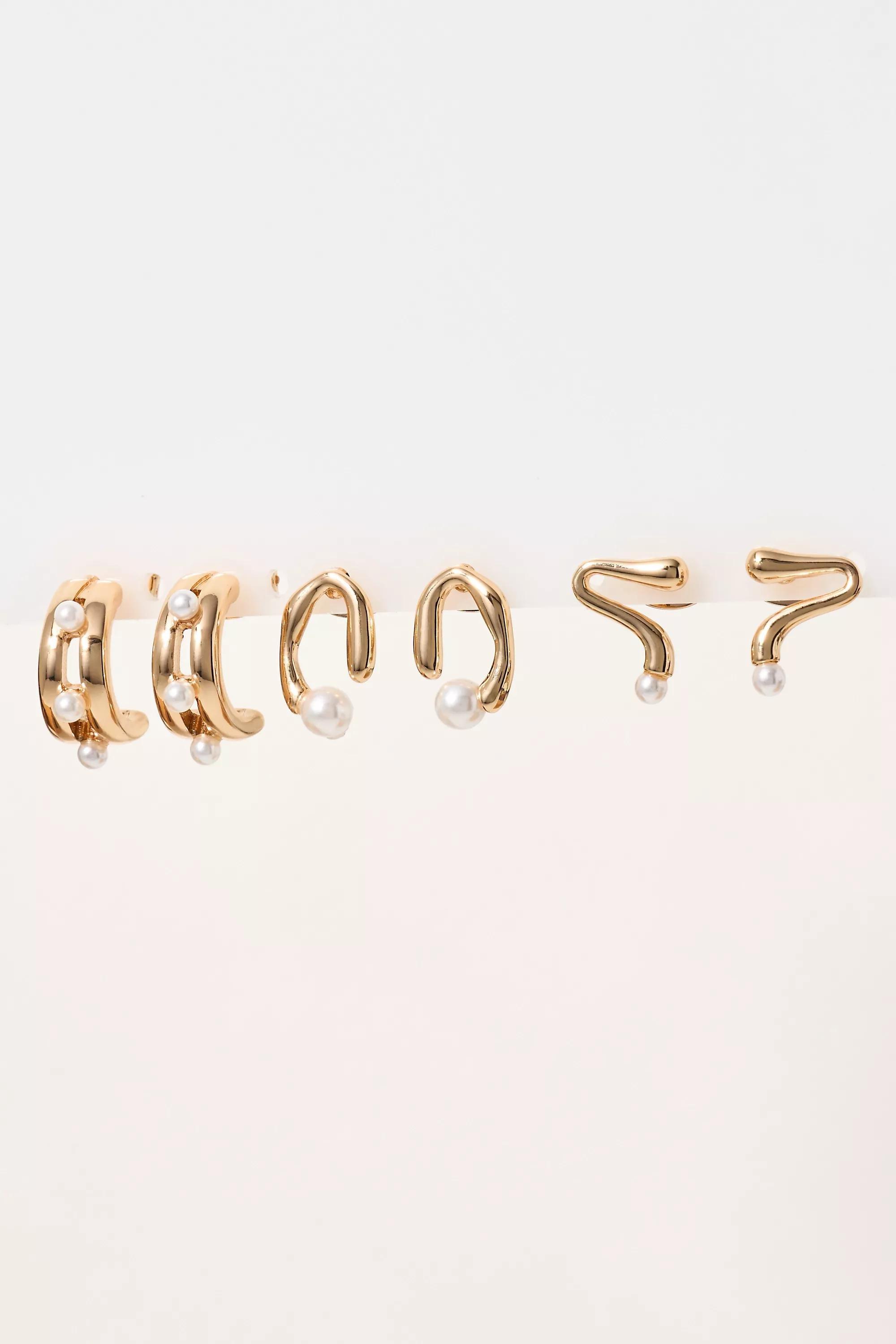 Anthropologie Set Of 3 Earrings, Gold Pearl, A501_0070, large image number 4