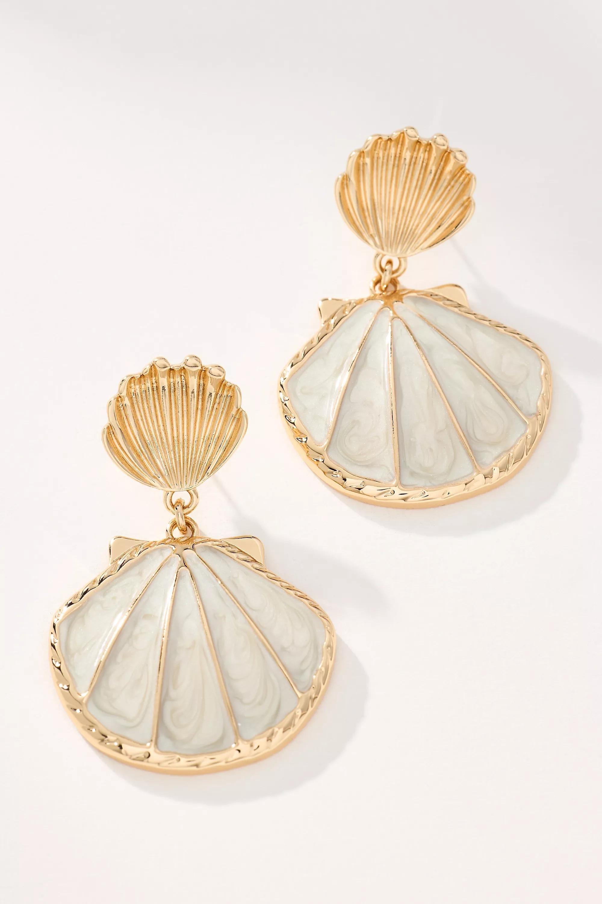 Gold Double Shell Metal Drop Earrings, A501_0070, large image number 0