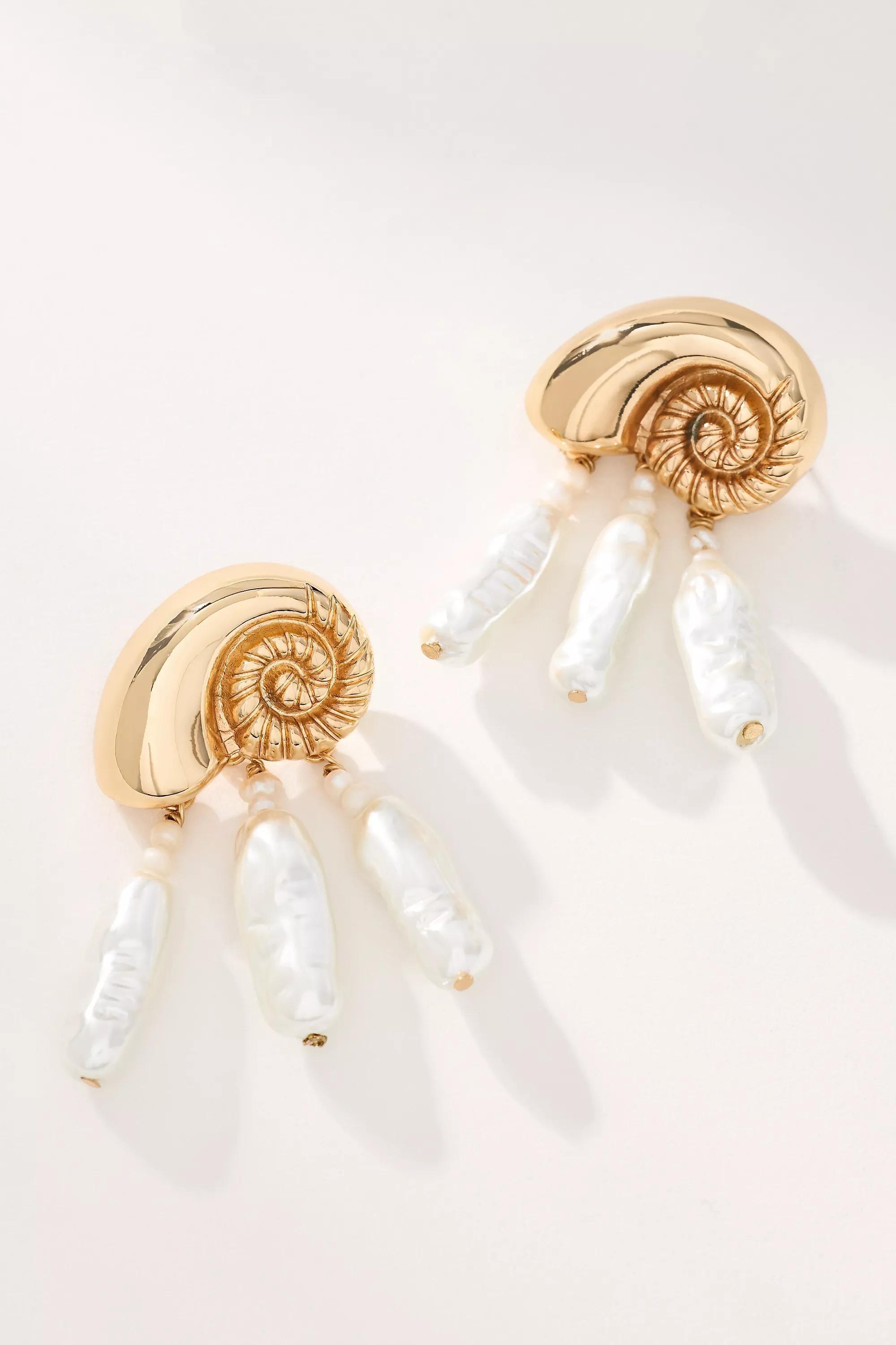 Gold Metallic Shell Cream Drop Earrings, A501_0070, large image number 0