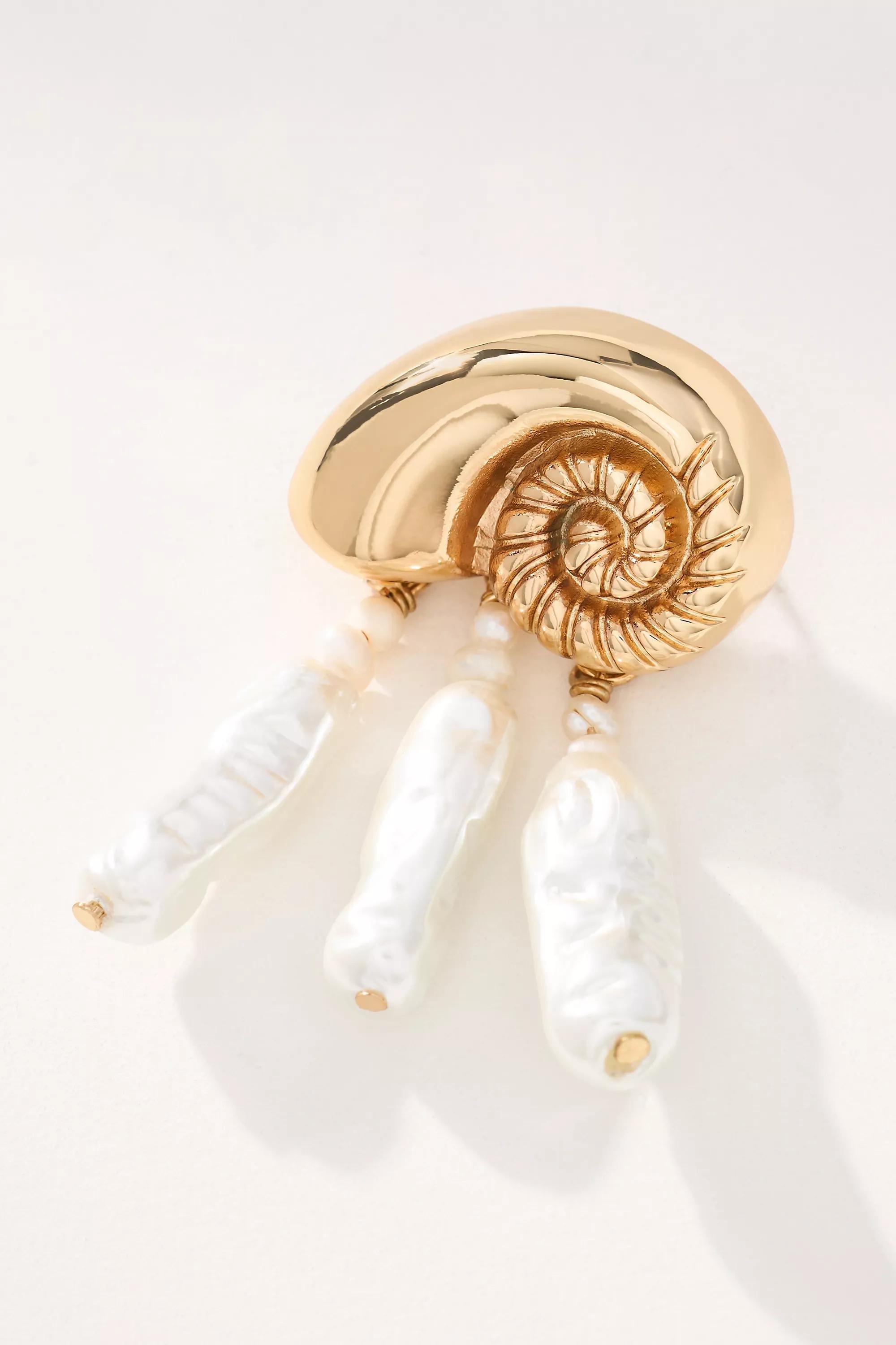 Gold Metallic Shell Cream Drop Earrings, A501_0070, large image number 2