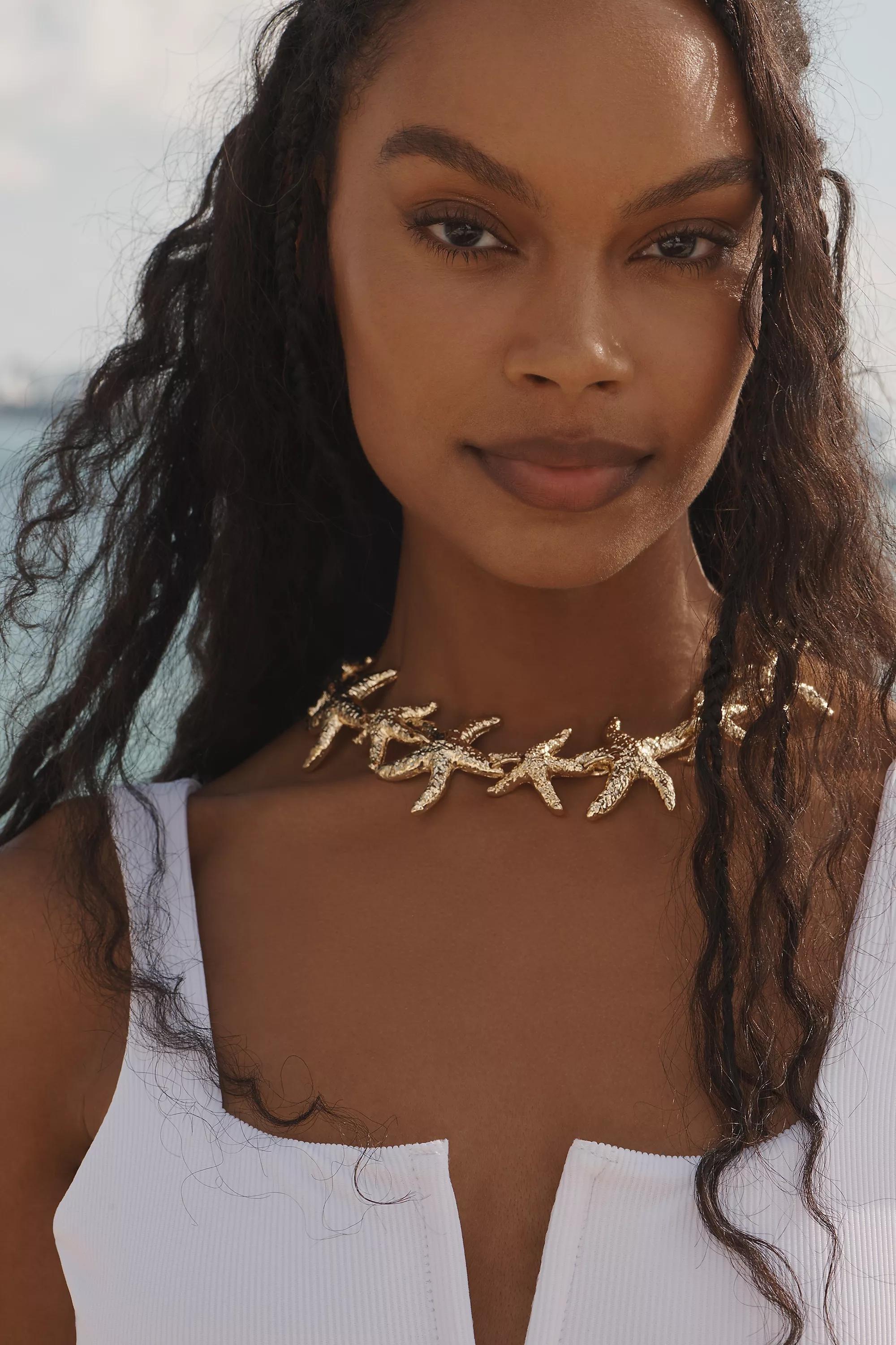 Metal Starfish Collar Necklace, Gold, A501_0070, large image number 0