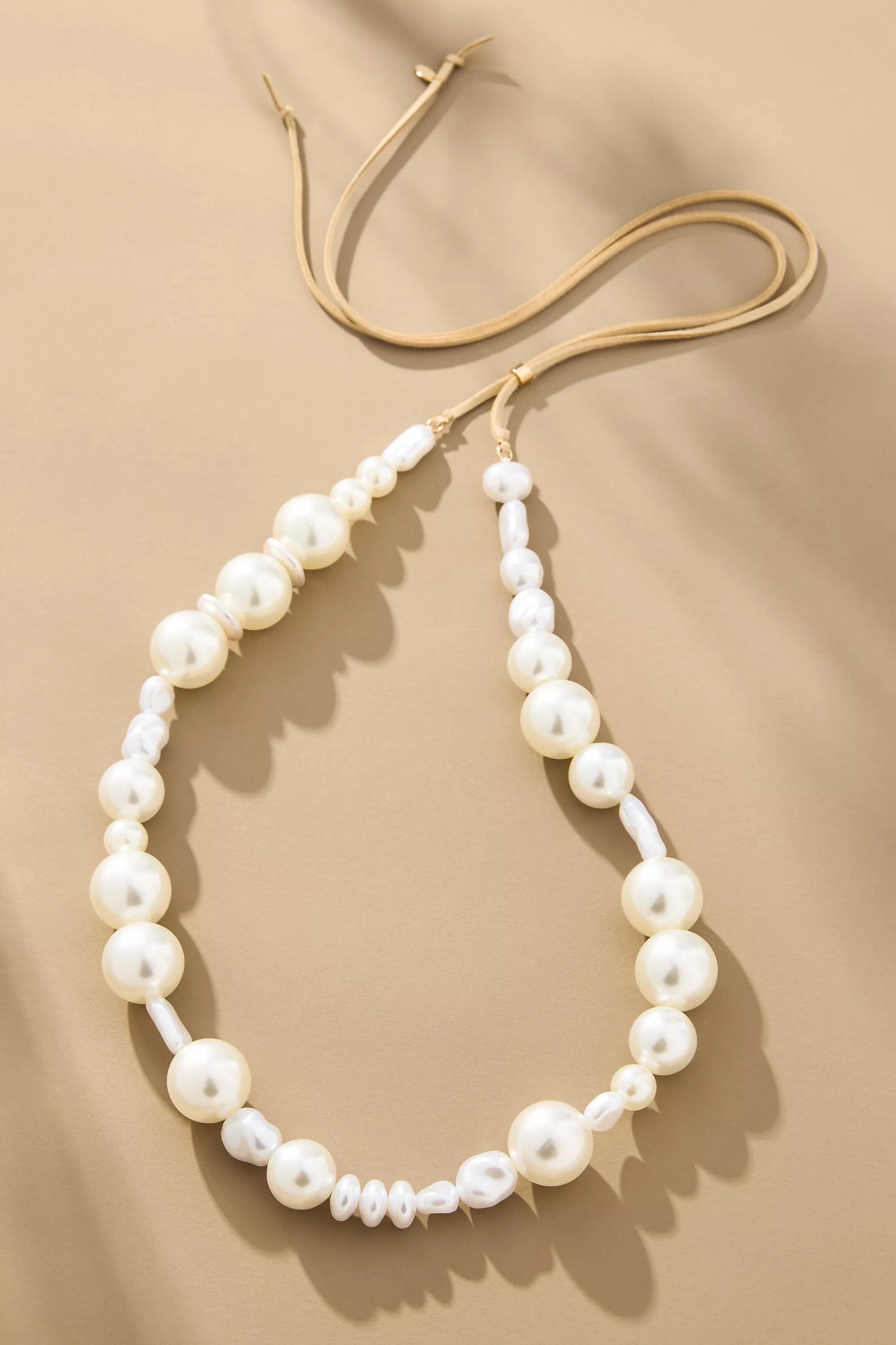Beaded Tie Necklace, Pearl, A501_0017, large image number 1