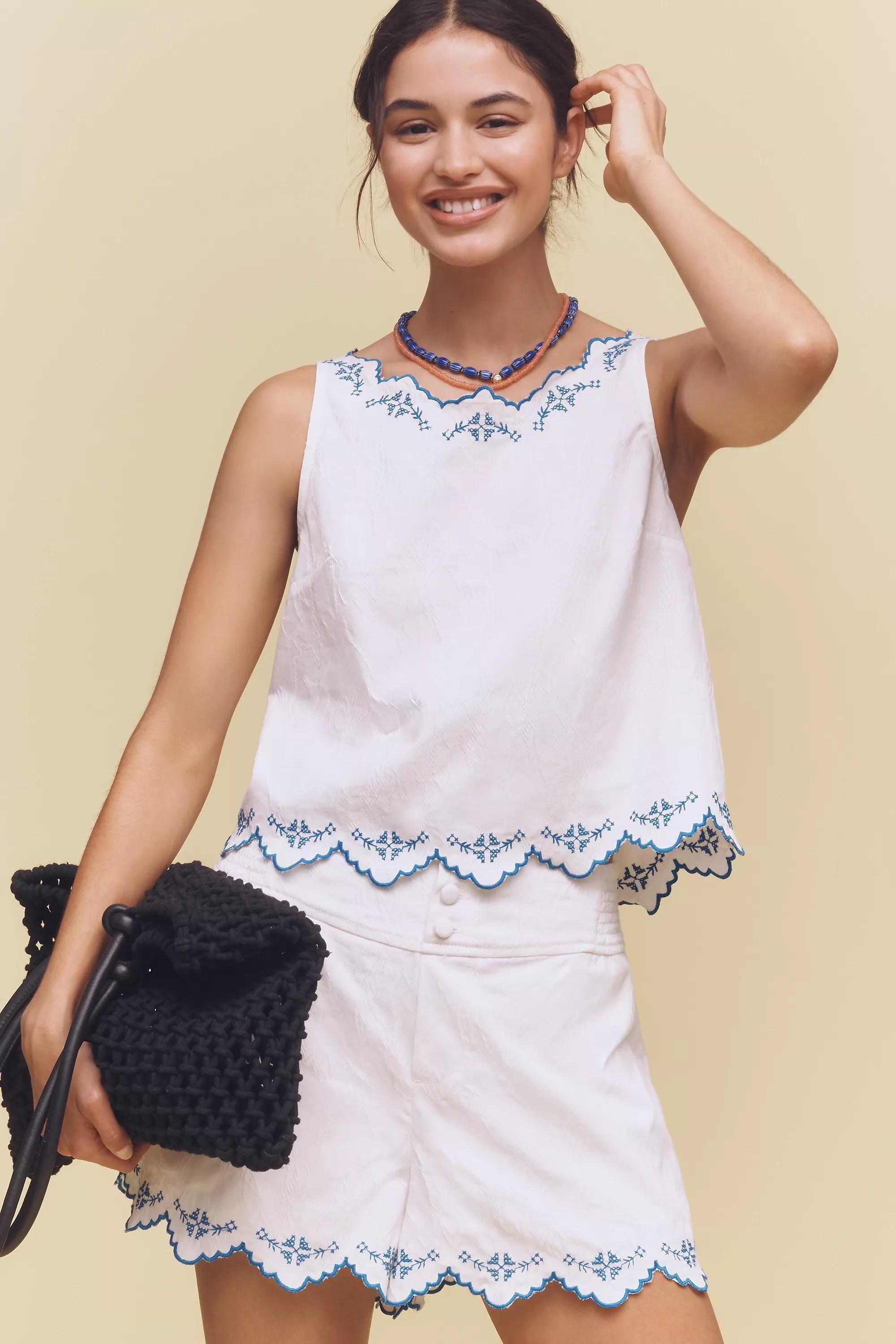 By Anthropologie Sleeveless Embroidered Blouse, Ivory, A501_0011, large image number 0
