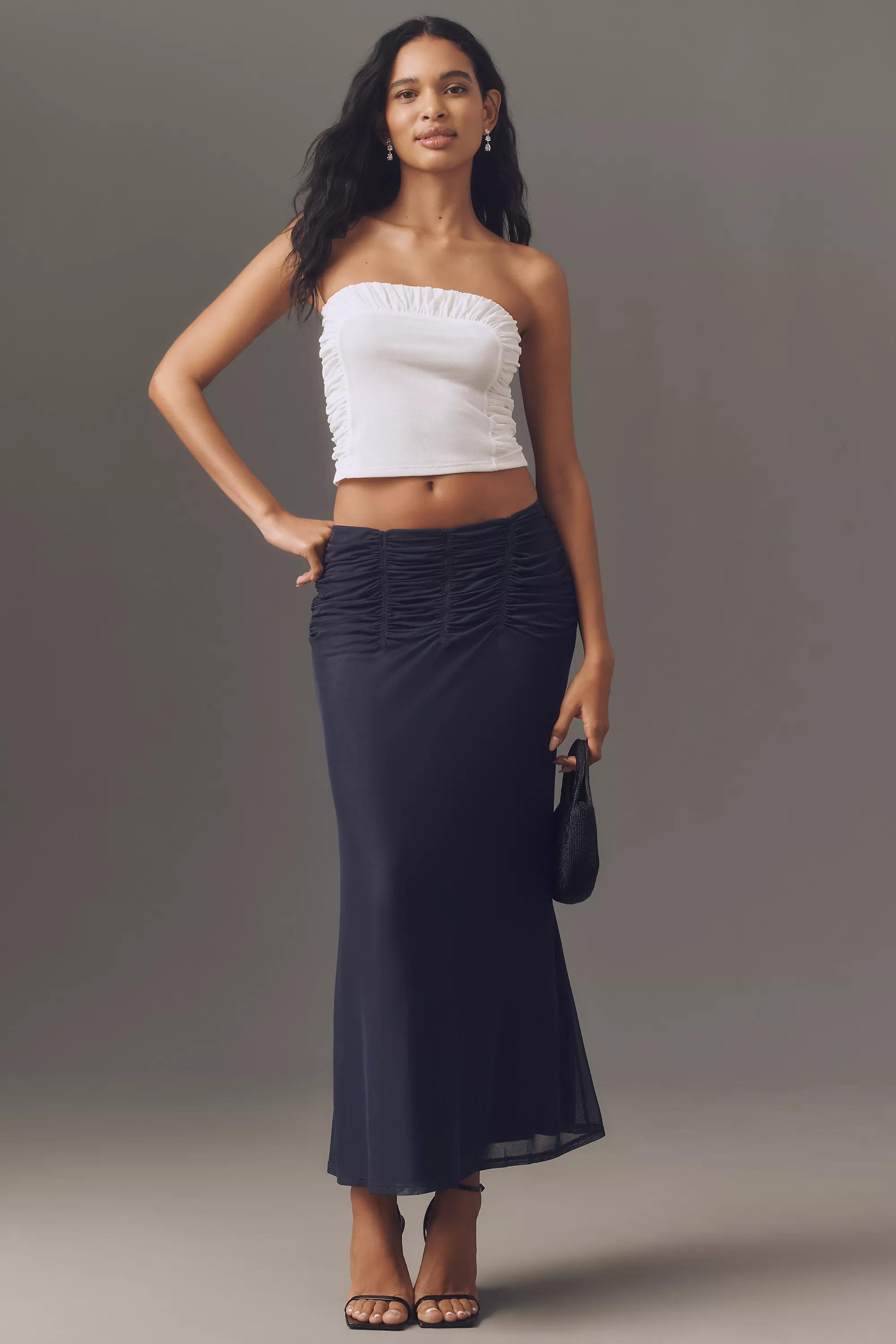 Maeve Ruched Yoke Column Maxi Skirt, Navy, , large image number 0