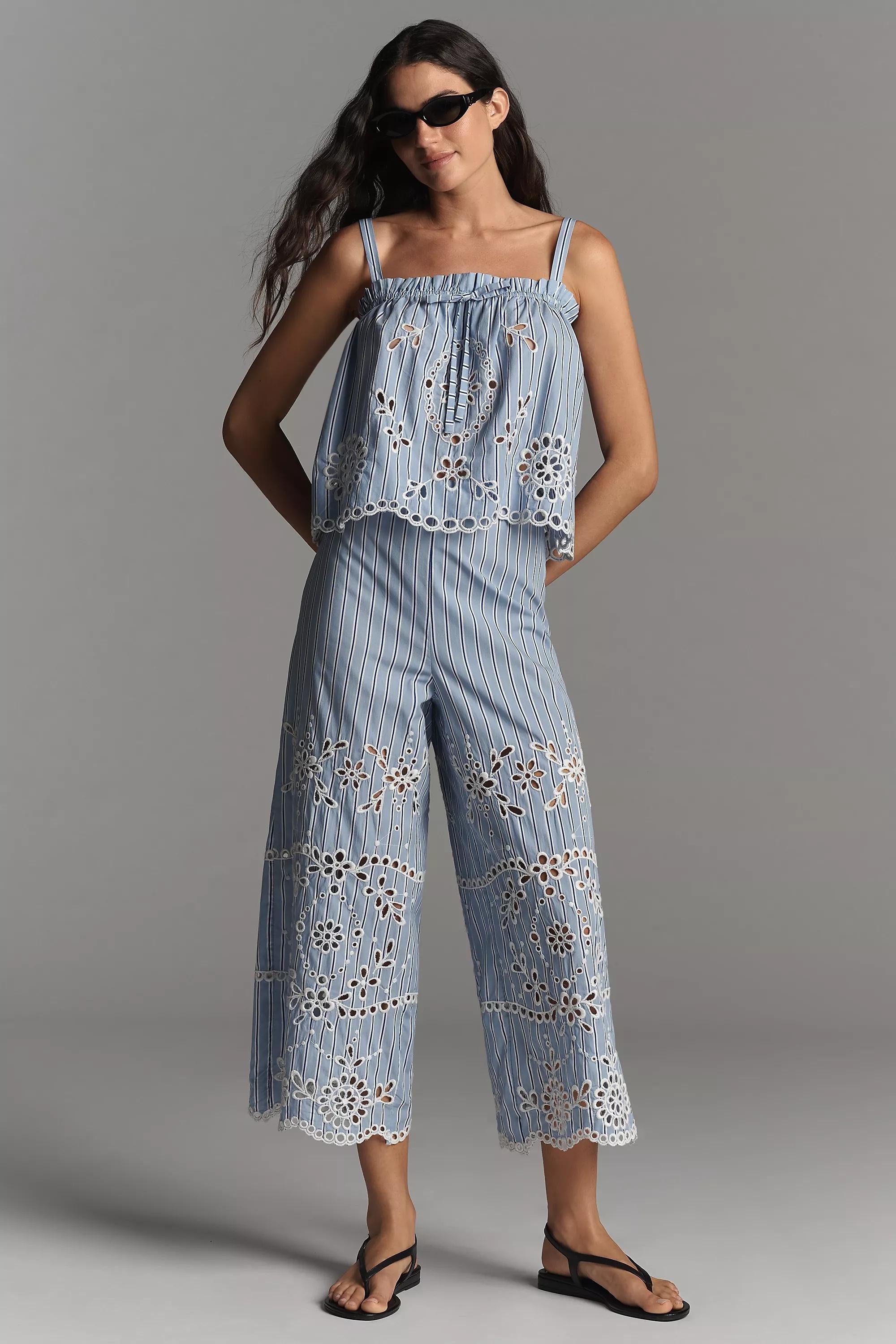 Patterned Embroidered Eyelet Tank Top, Blue, , large image number 1