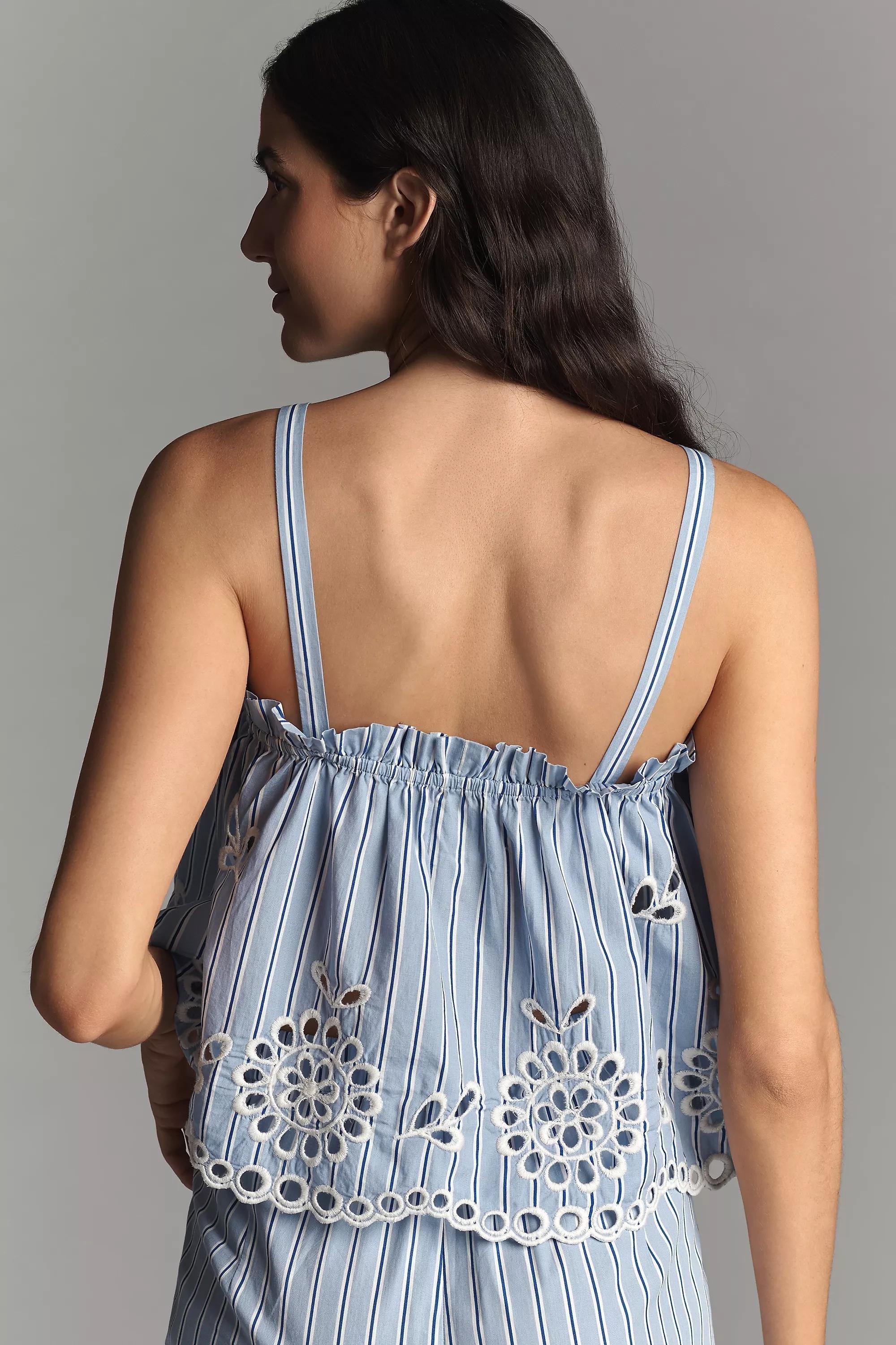 Patterned Embroidered Eyelet Tank Top, Blue, , large image number 2