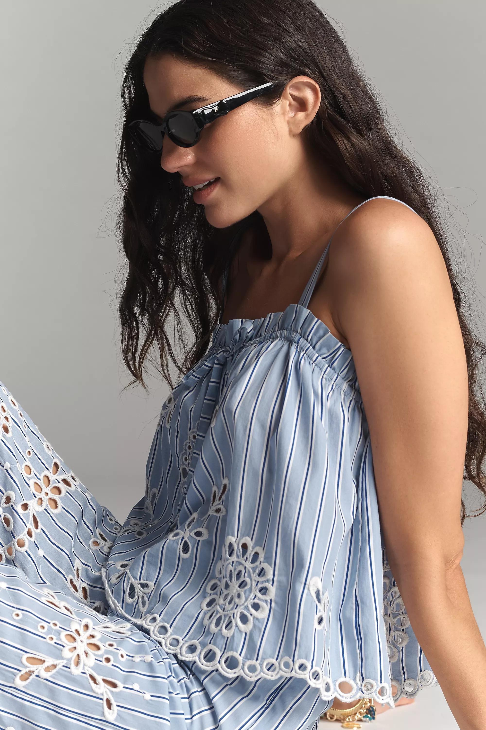 Patterned Embroidered Eyelet Tank Top, Blue, , large image number 3