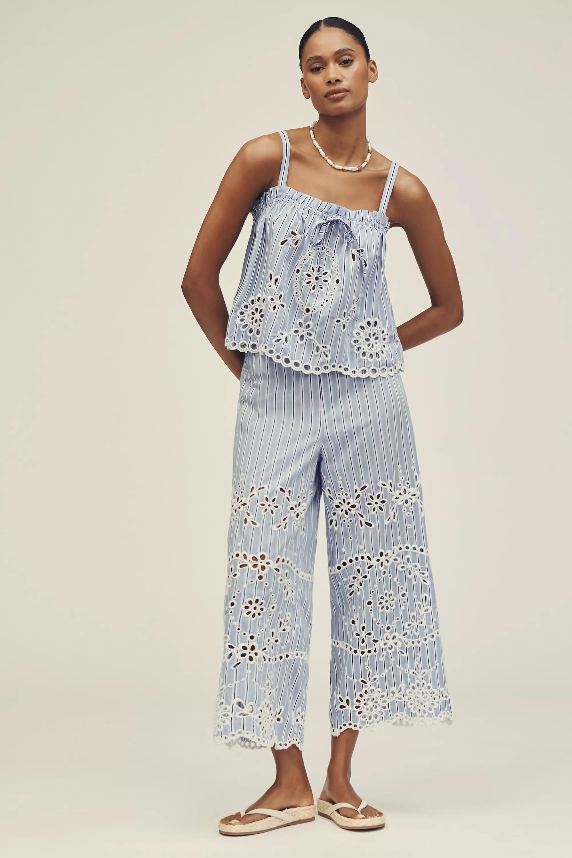 Patterned Embroidered Eyelet Tank Top, Blue, , large image number 4