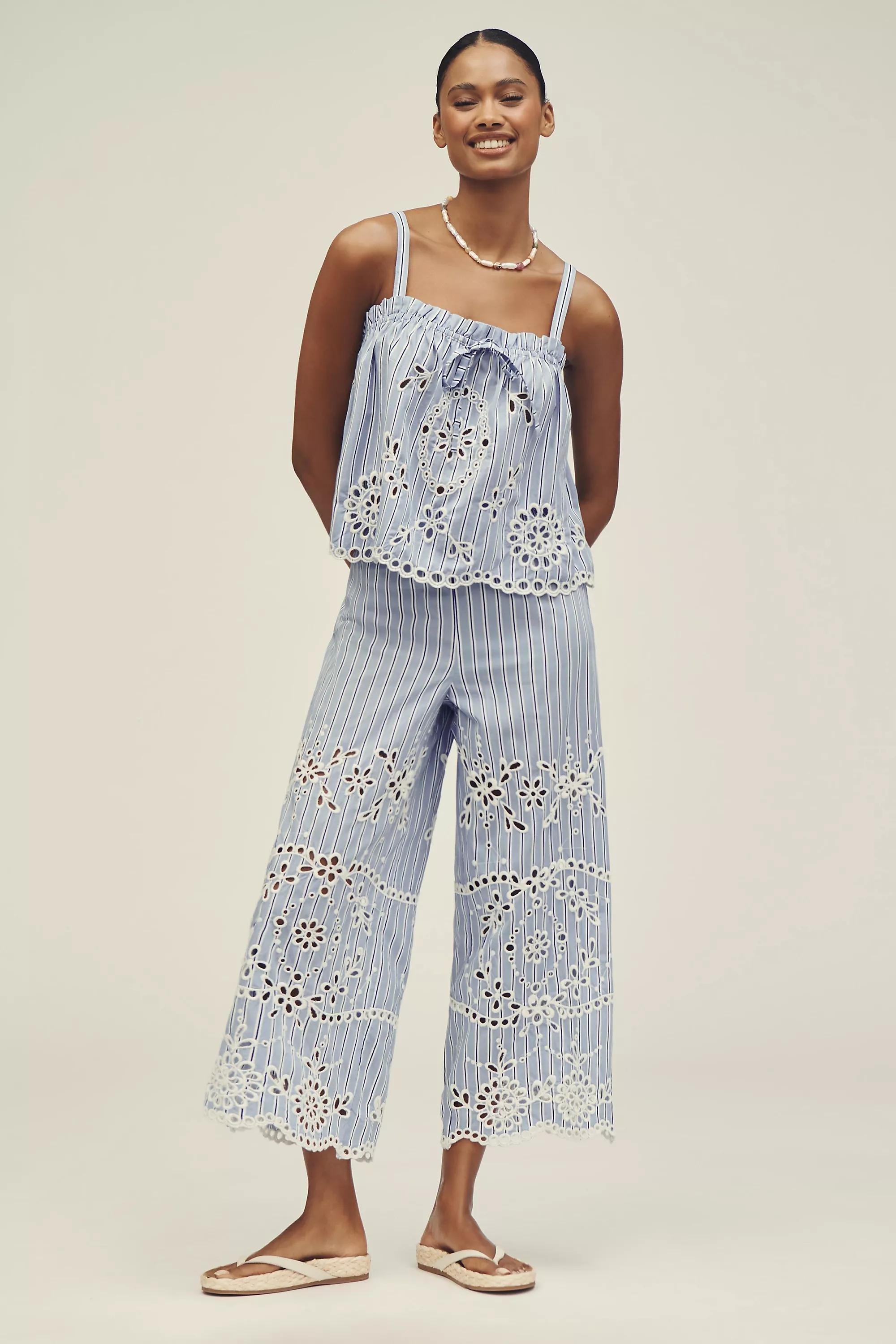 BLUE PATTERN Maeve Eyelet-Stripe Wide-Leg Trousers, , large image number 0