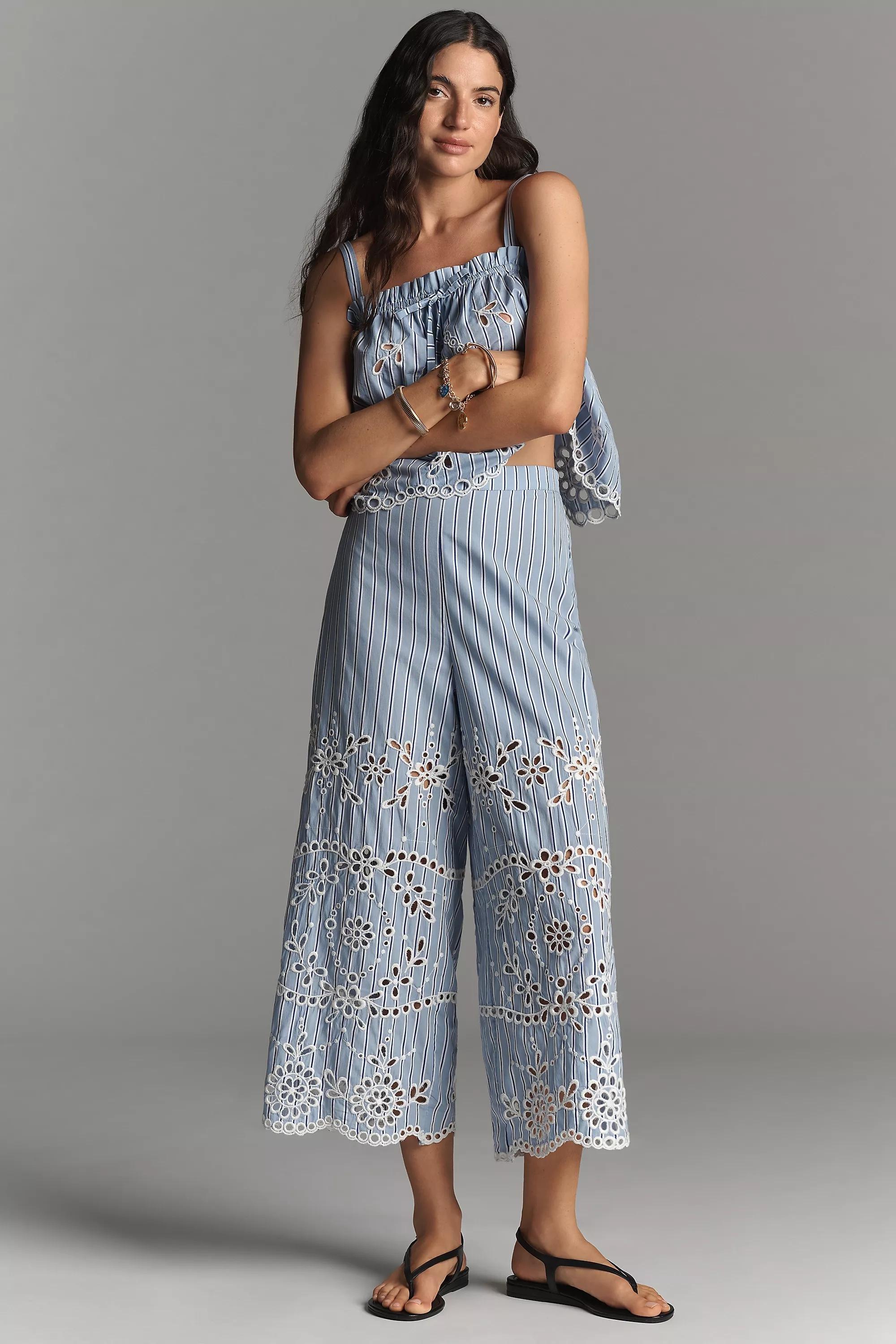 BLUE PATTERN Maeve Eyelet-Stripe Wide-Leg Trousers, , large image number 1