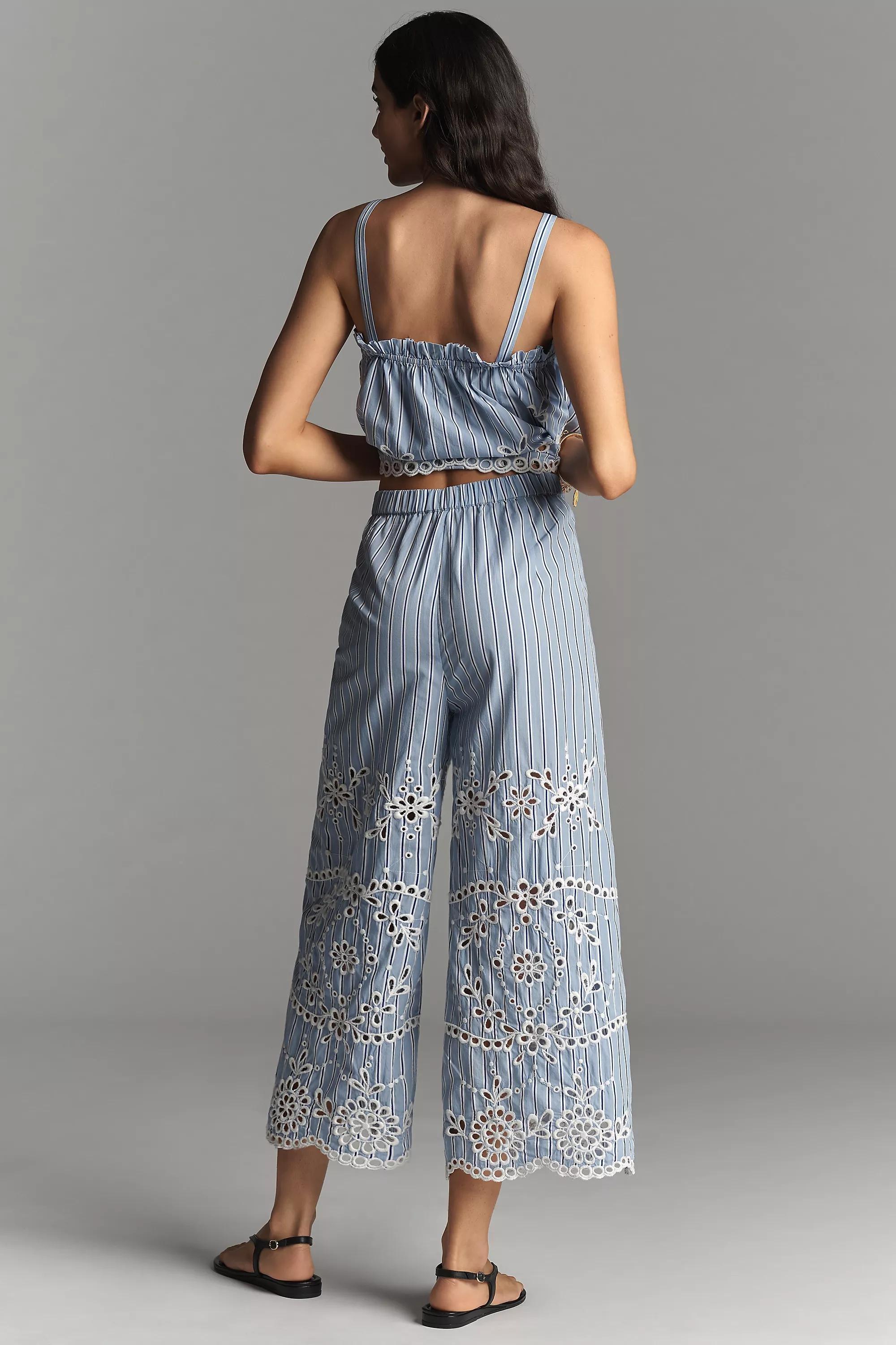 BLUE PATTERN Maeve Eyelet-Stripe Wide-Leg Trousers, , large image number 2