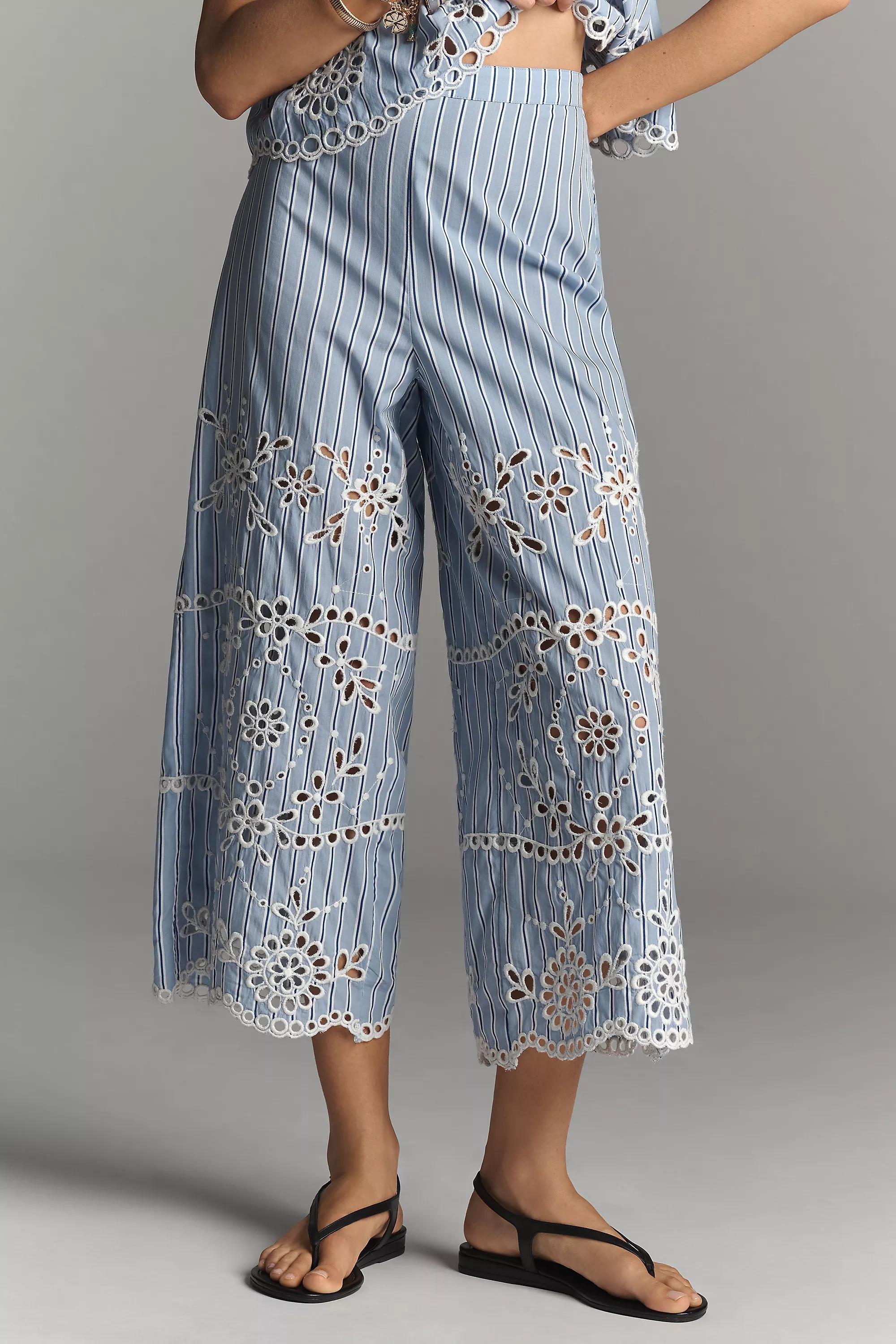 BLUE PATTERN Maeve Eyelet-Stripe Wide-Leg Trousers, , large image number 3