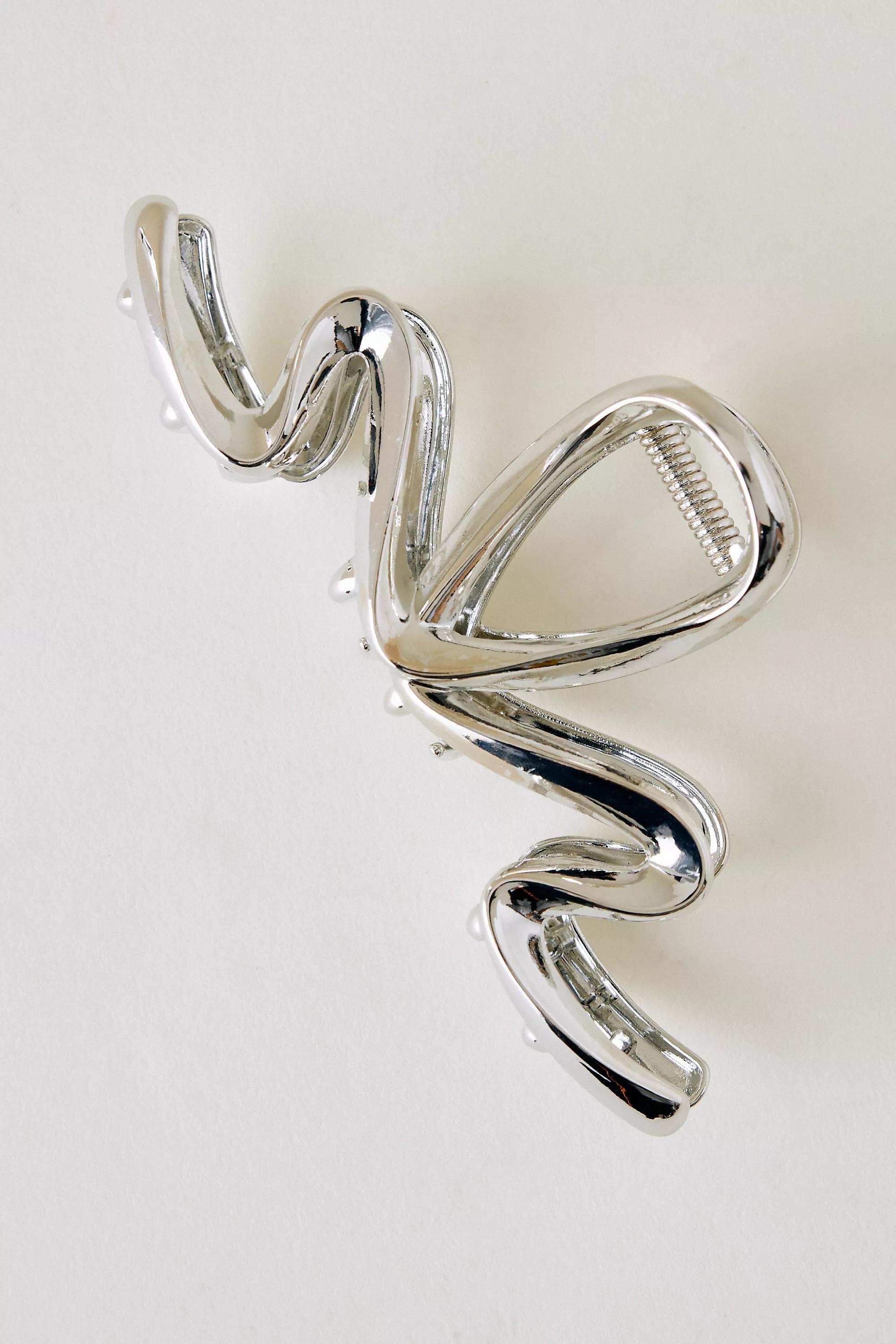 Metallic Squiggle Xl Metal Hair Claw Clip, Silver, A501_0007, large image number 4