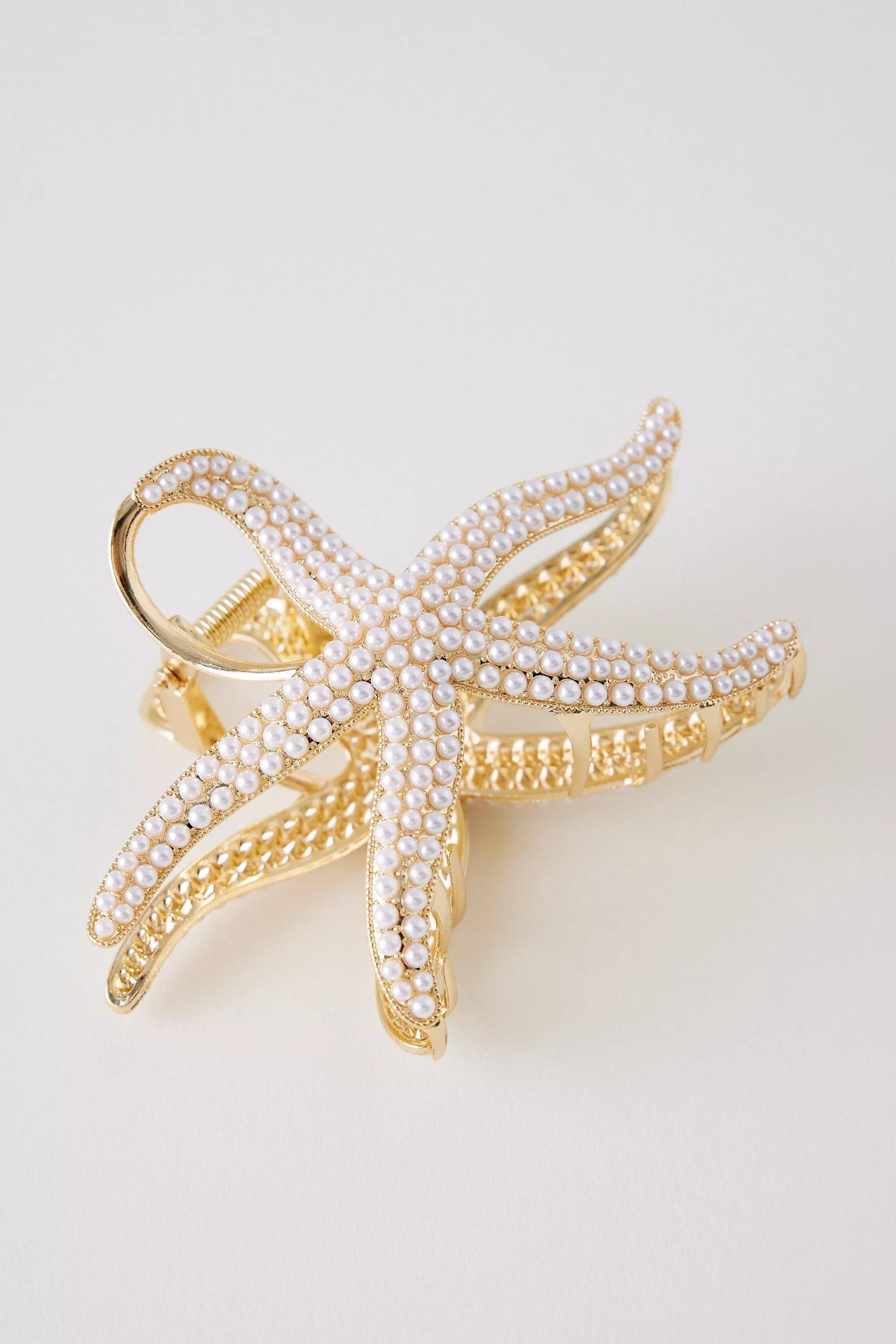 Anthropologie Pearl Starfish Hair Claw, Gold, A501_0070, large image number 0