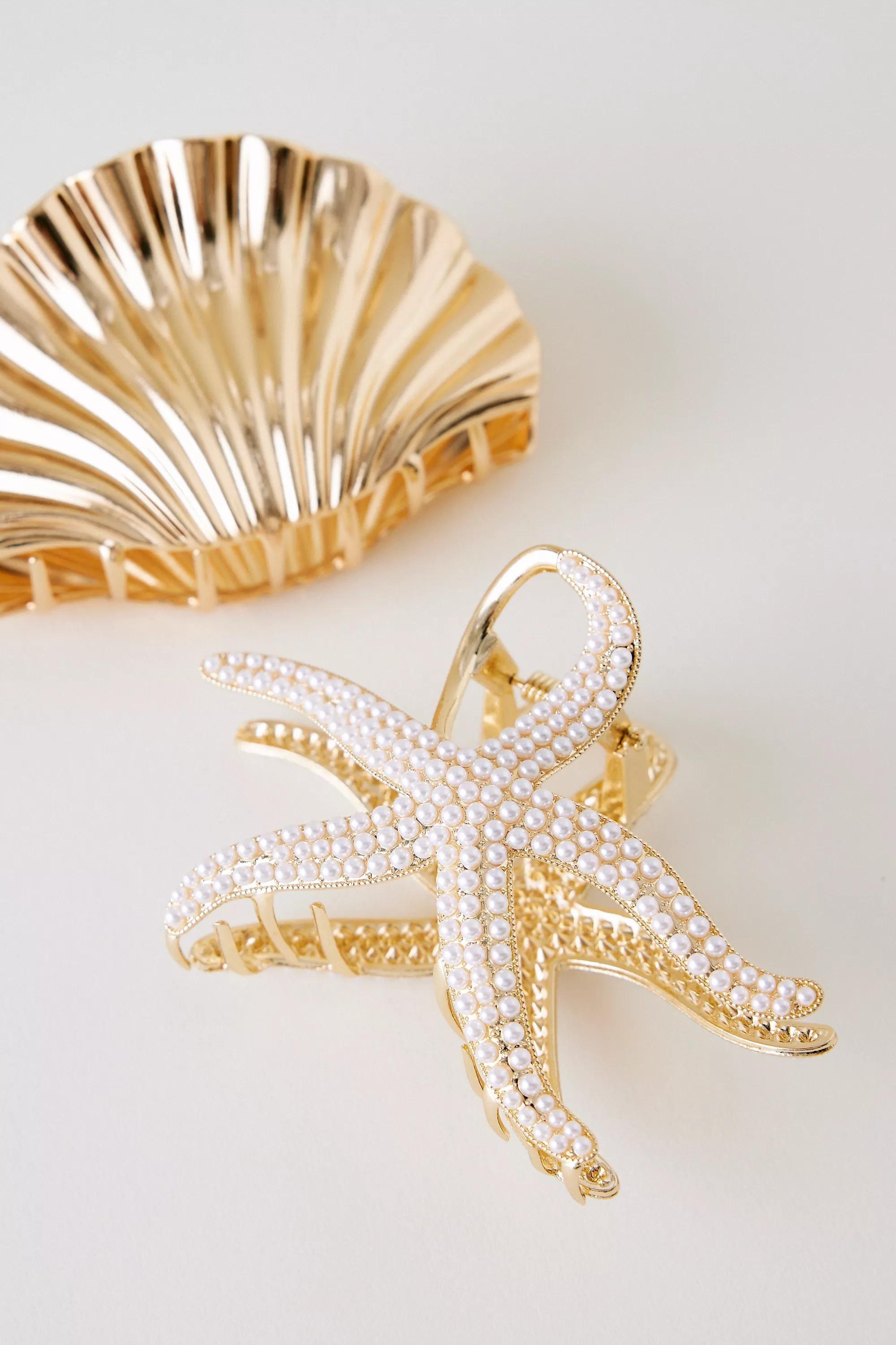 Anthropologie Pearl Starfish Hair Claw, Gold, A501_0070, large image number 4