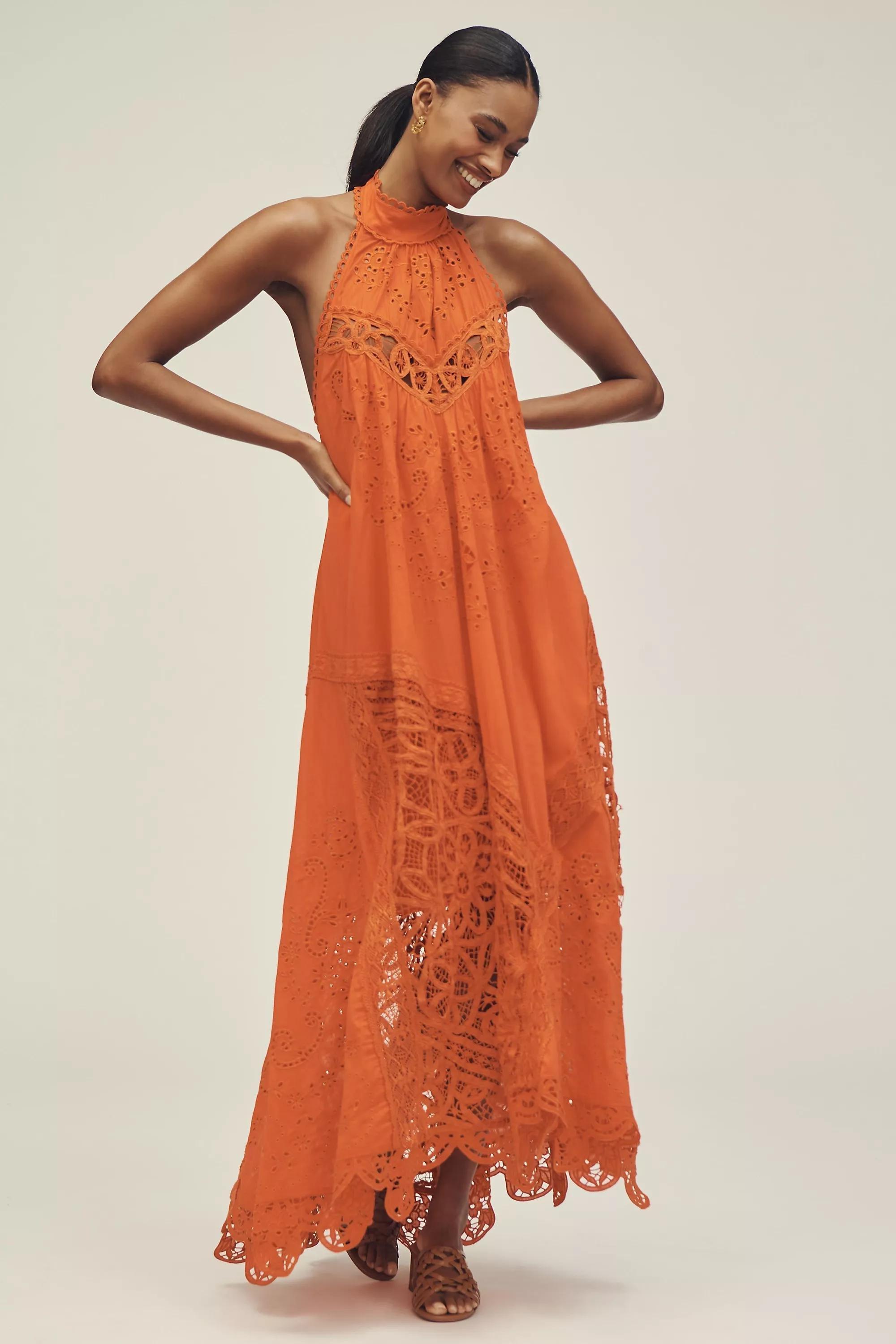 By Anthropologie Halter Cutwork Lace Dress, Orange, , large image number 0