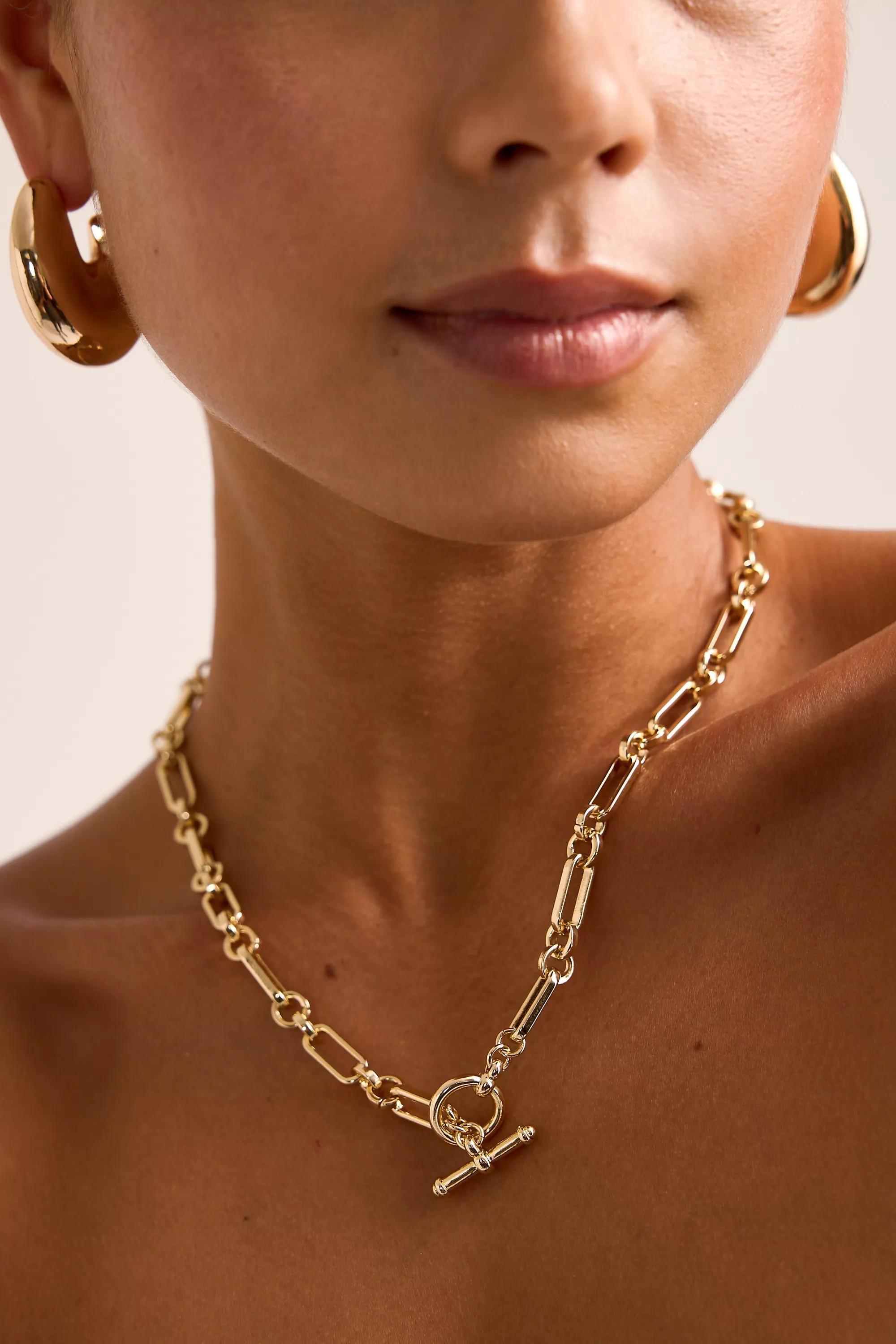 Chunky Chain T-Bar Necklace, Gold, A501_0070, medium