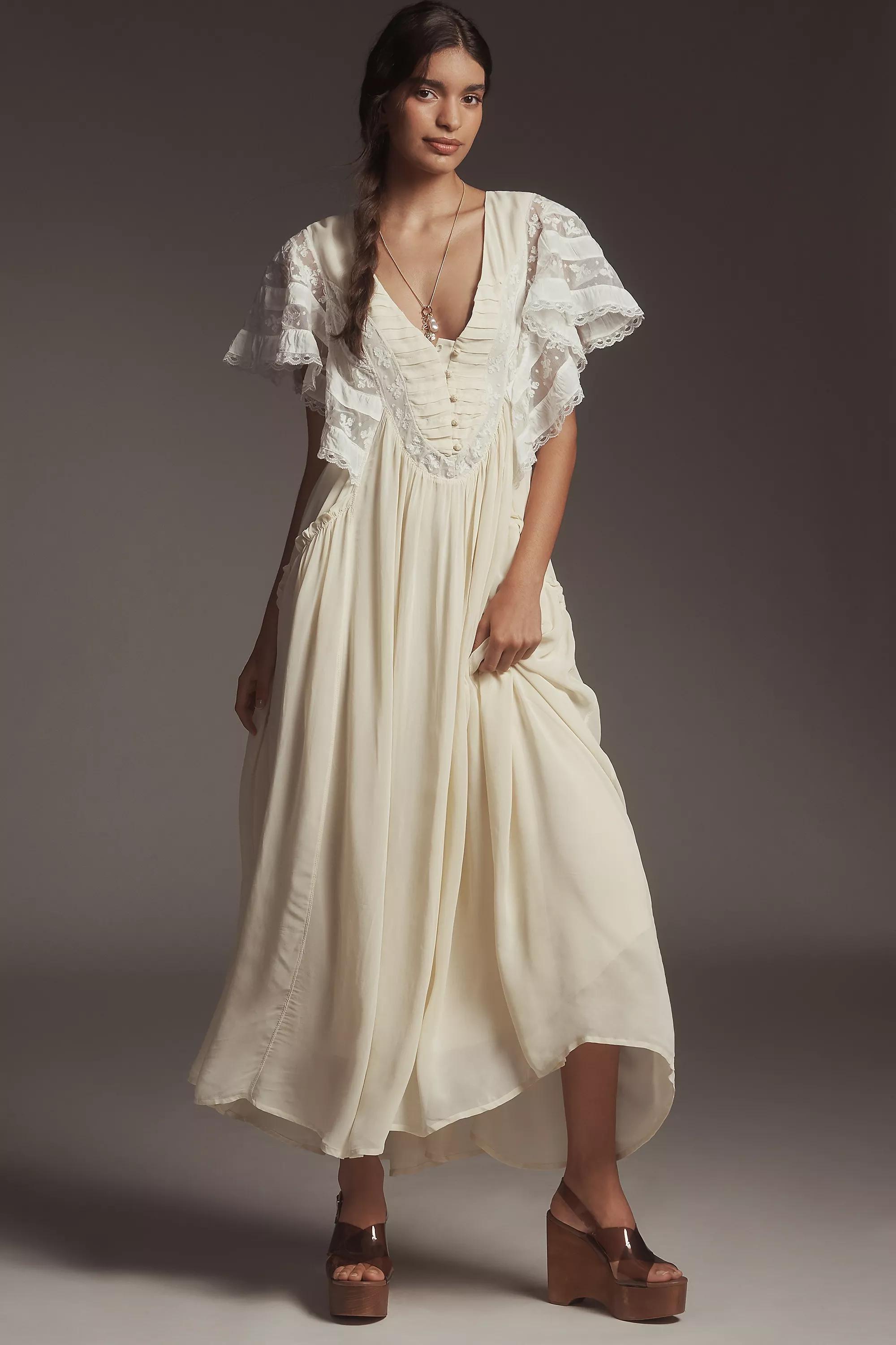 By Anthropologie V-Neck Flutter-Sleeve Midi Dress, Ivory, , large image number 0