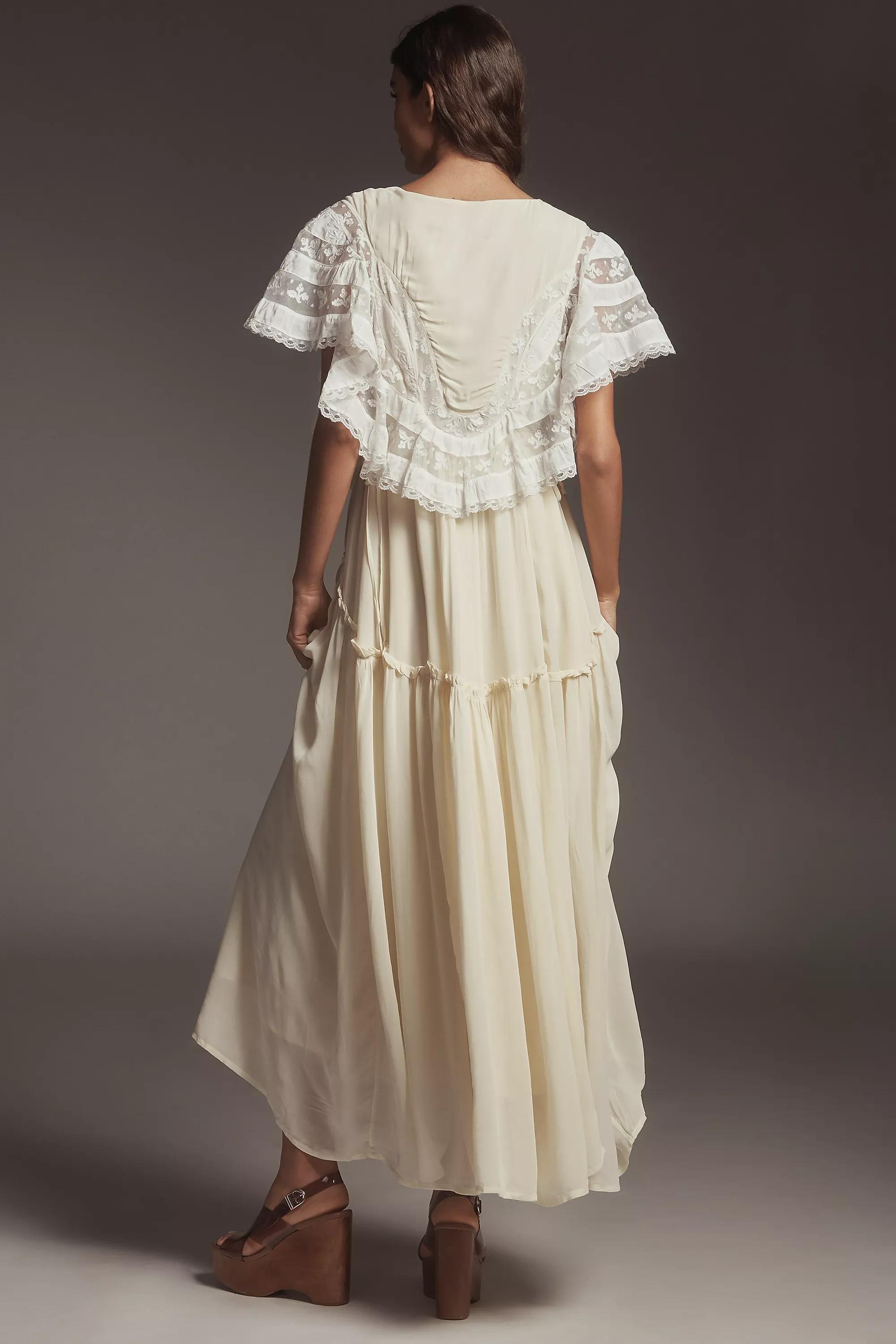 By Anthropologie V-Neck Flutter-Sleeve Midi Dress, Ivory, , large image number 1