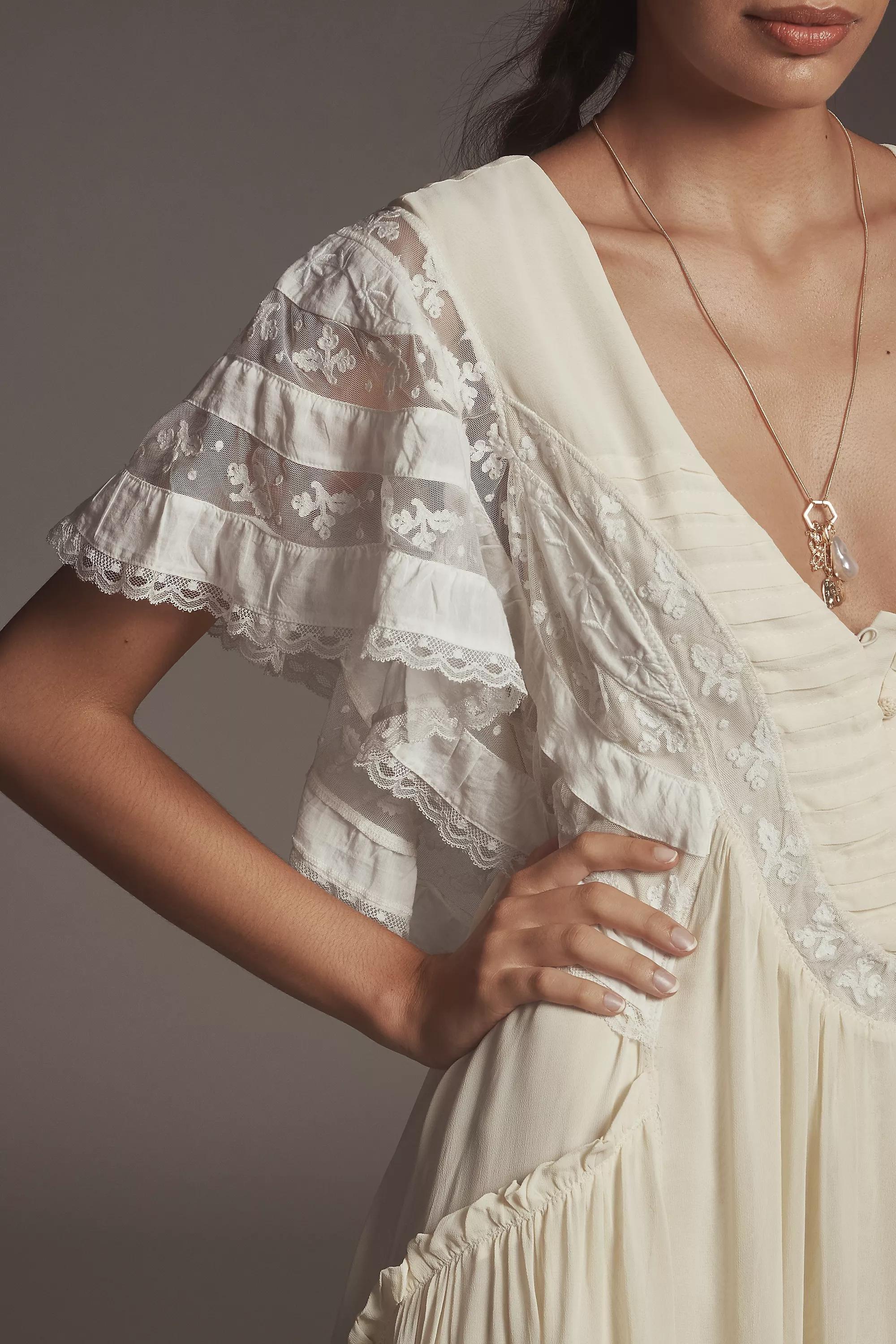 By Anthropologie V-Neck Flutter-Sleeve Midi Dress, Ivory, , large image number 2