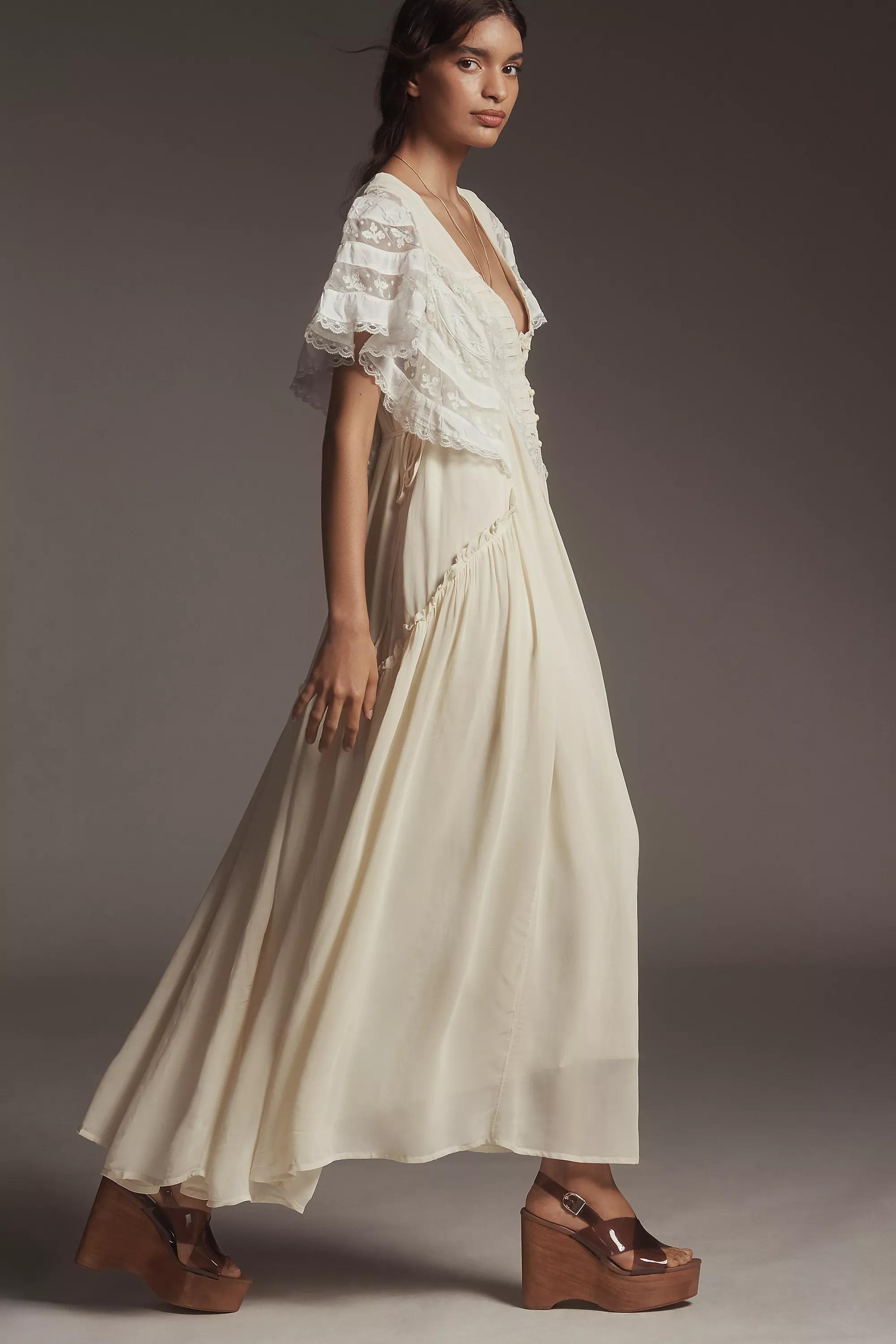 By Anthropologie V-Neck Flutter-Sleeve Midi Dress, Ivory, , large image number 3