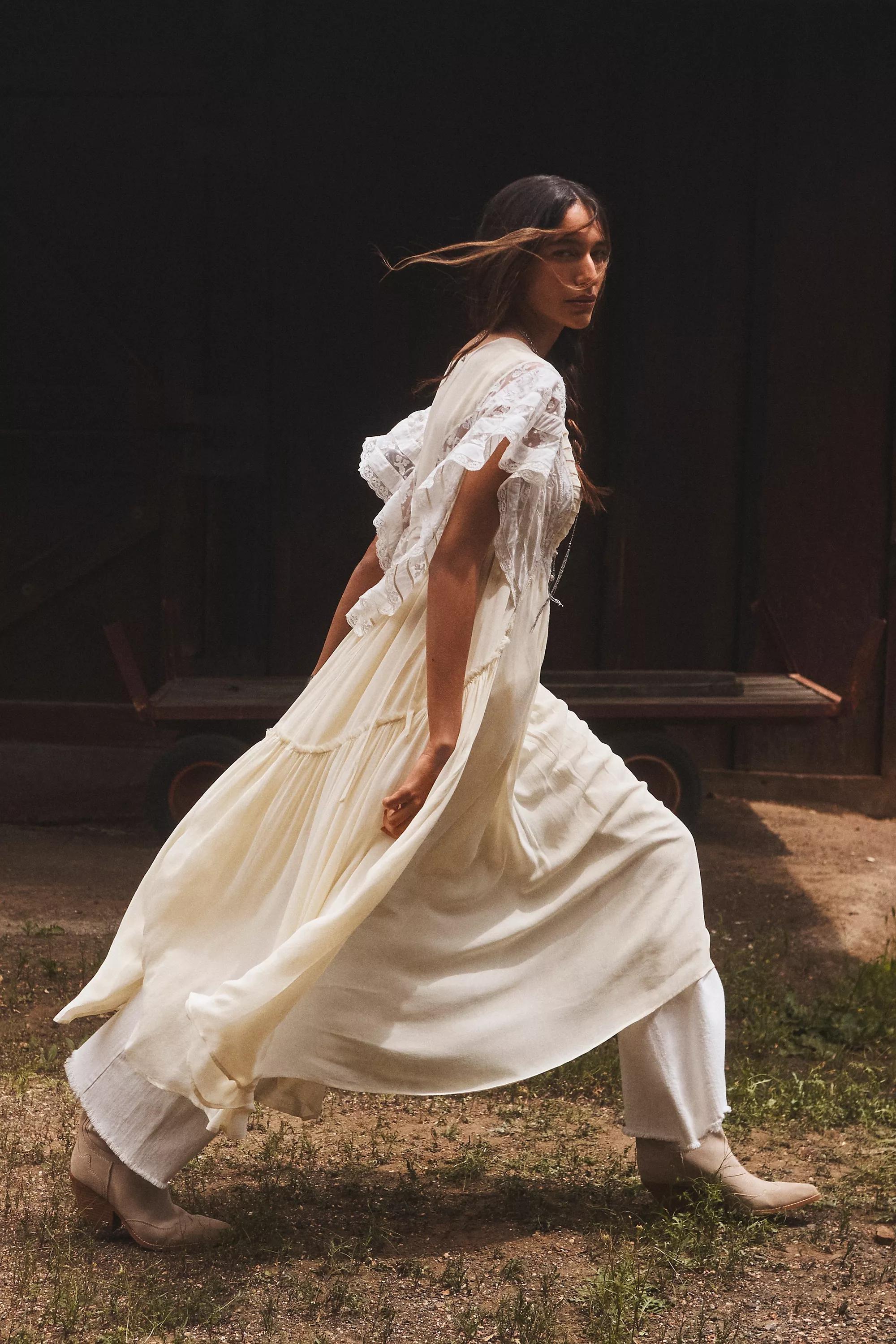 By Anthropologie V-Neck Flutter-Sleeve Midi Dress, Ivory, , large image number 4