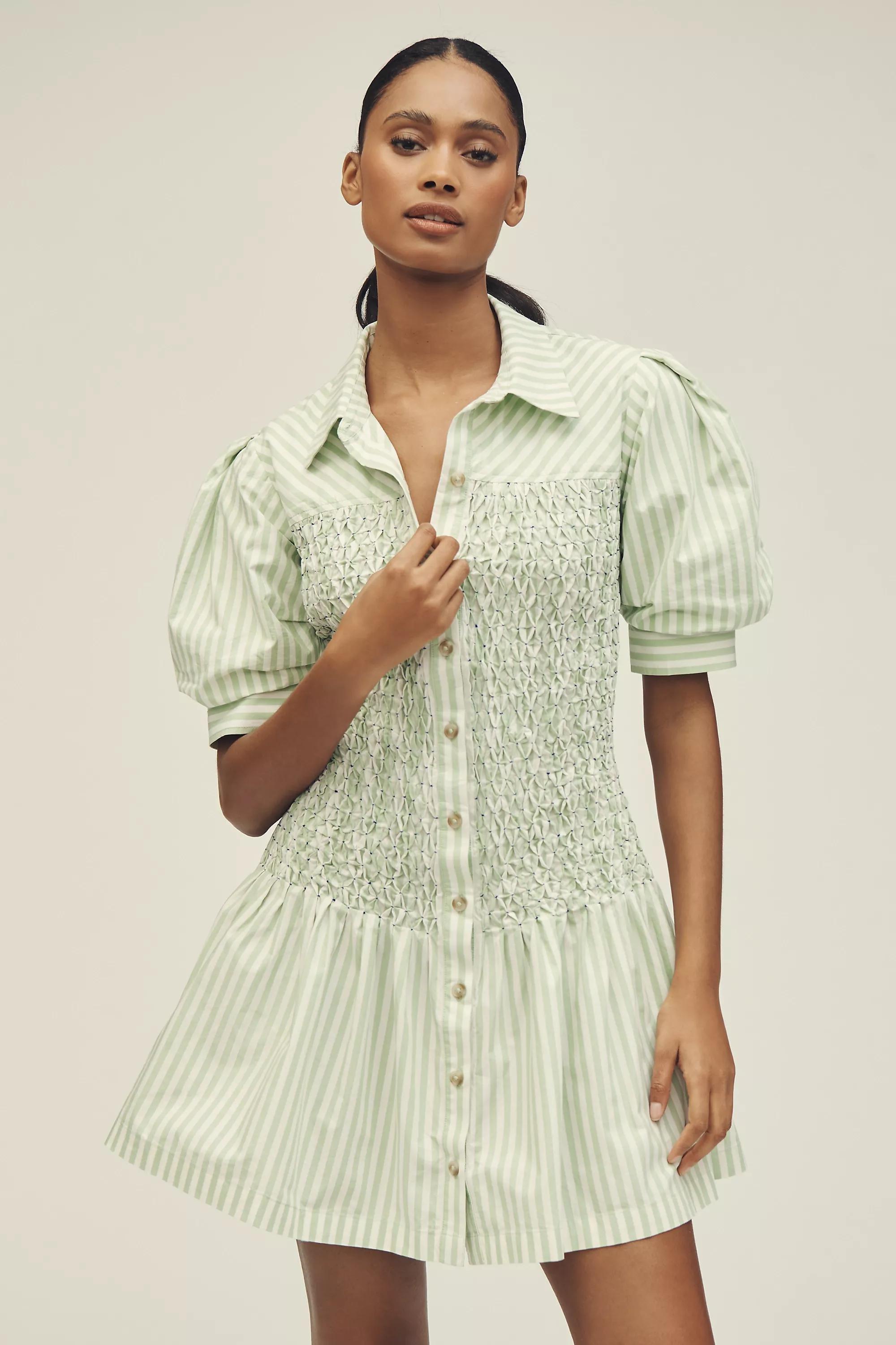 By Anthropologie Short-Sleeve Smocked A-Line Mini Shirt Dress, Green, , large image number 0