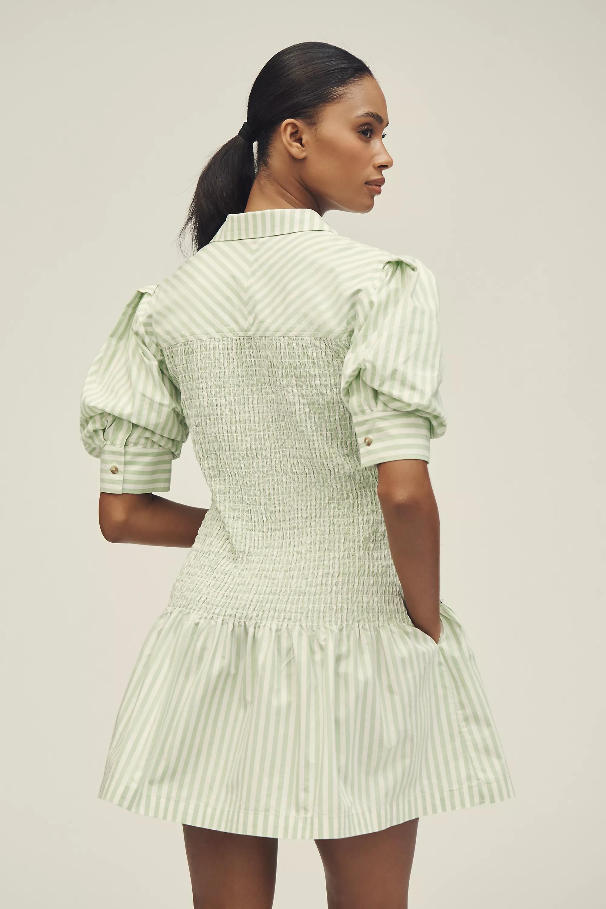 By Anthropologie Short-Sleeve Smocked A-Line Mini Shirt Dress, Green, , large image number 1