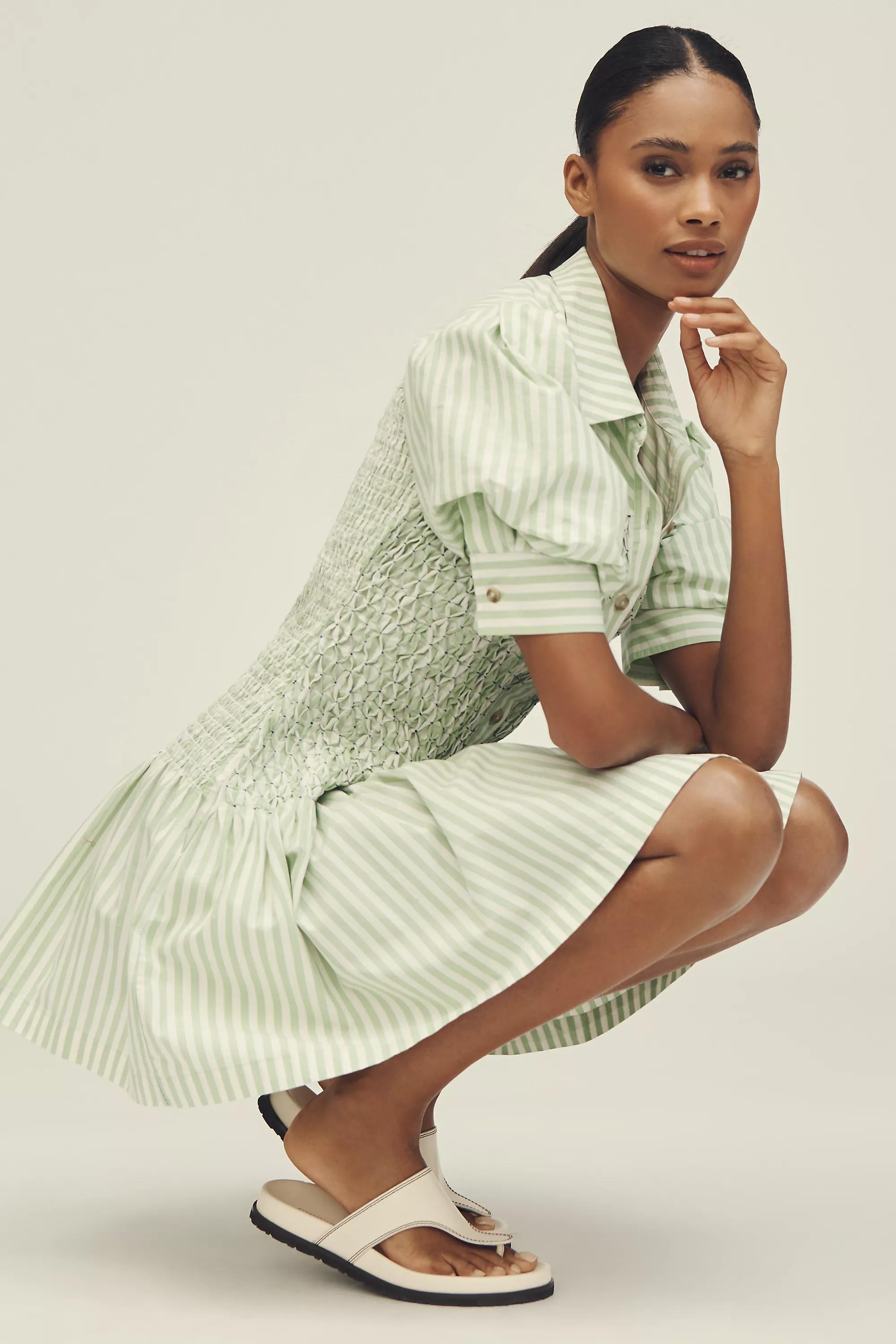 By Anthropologie Short-Sleeve Smocked A-Line Mini Shirt Dress, Green, , large image number 3